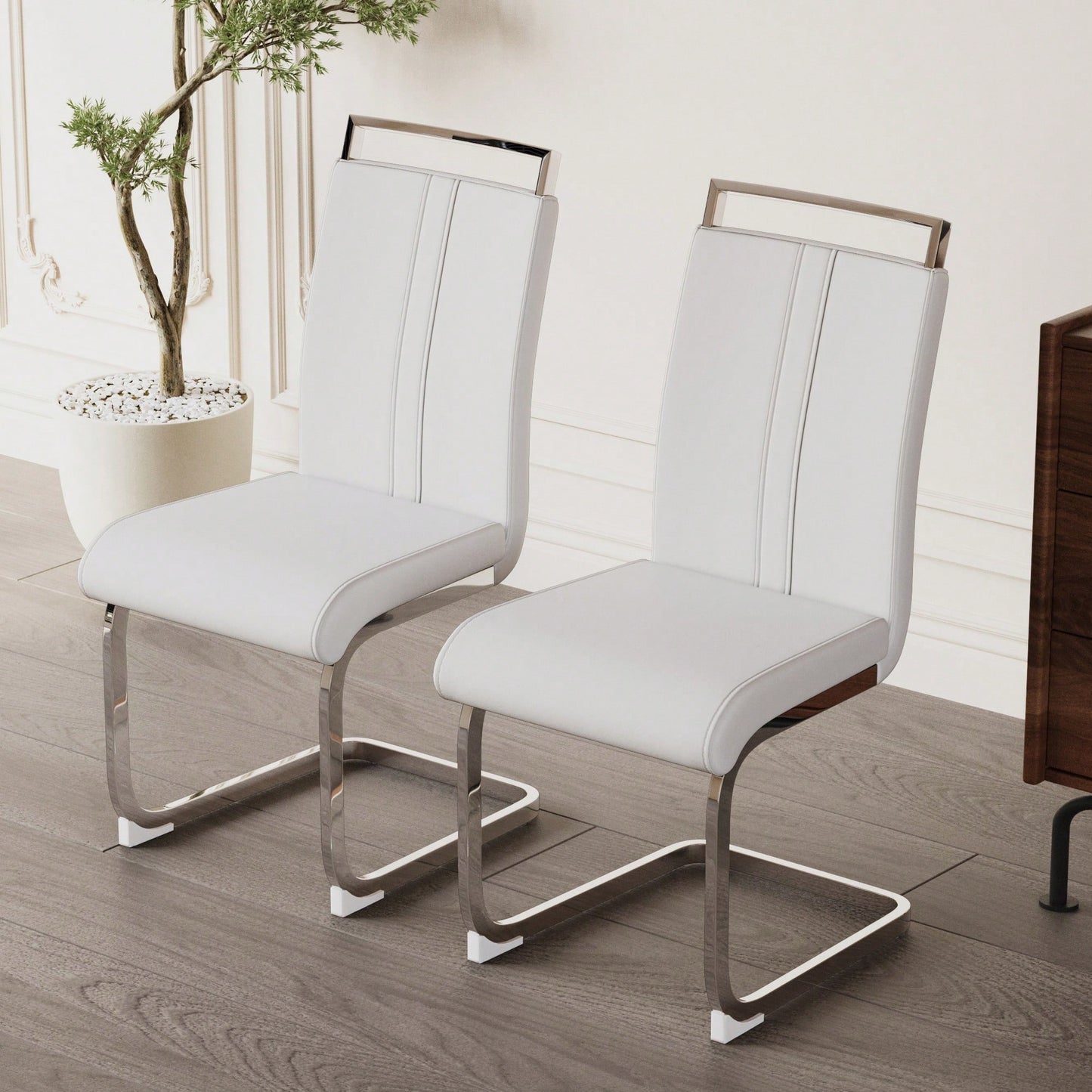 Set Of 4 High Back PU Faux Leather Dining Chairs With C-Shaped Metal Legs For Kitchen Office And Patio Black