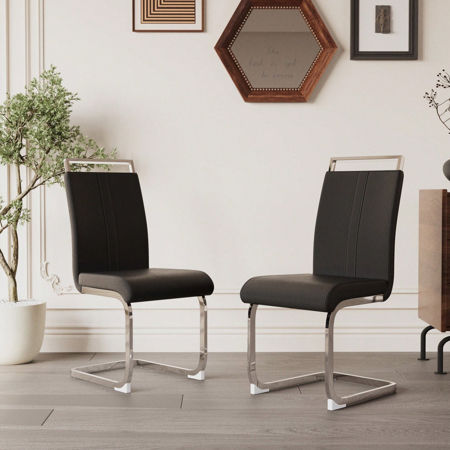 Set Of 4 High Back PU Faux Leather Dining Chairs With C-Shaped Metal Legs For Kitchen Office And Patio Black