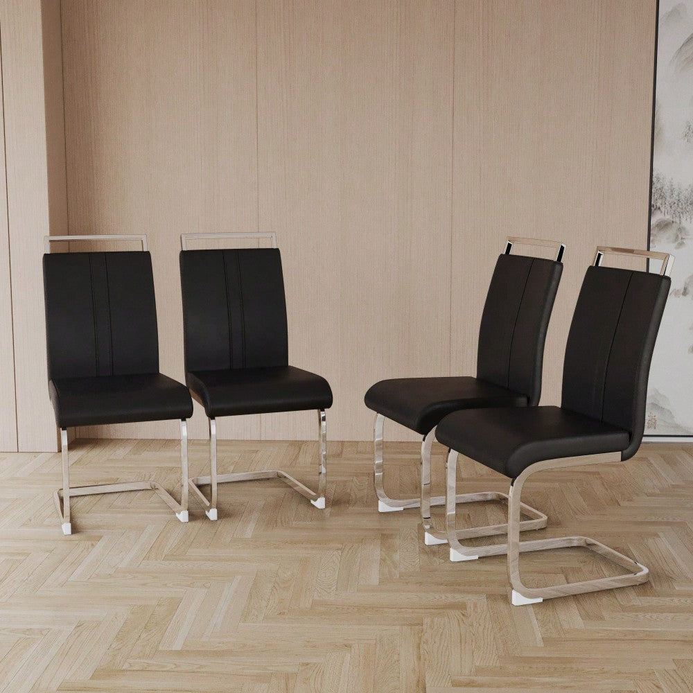 Set Of 4 High Back PU Faux Leather Dining Chairs With C-Shaped Metal Legs For Kitchen Office And Patio Black