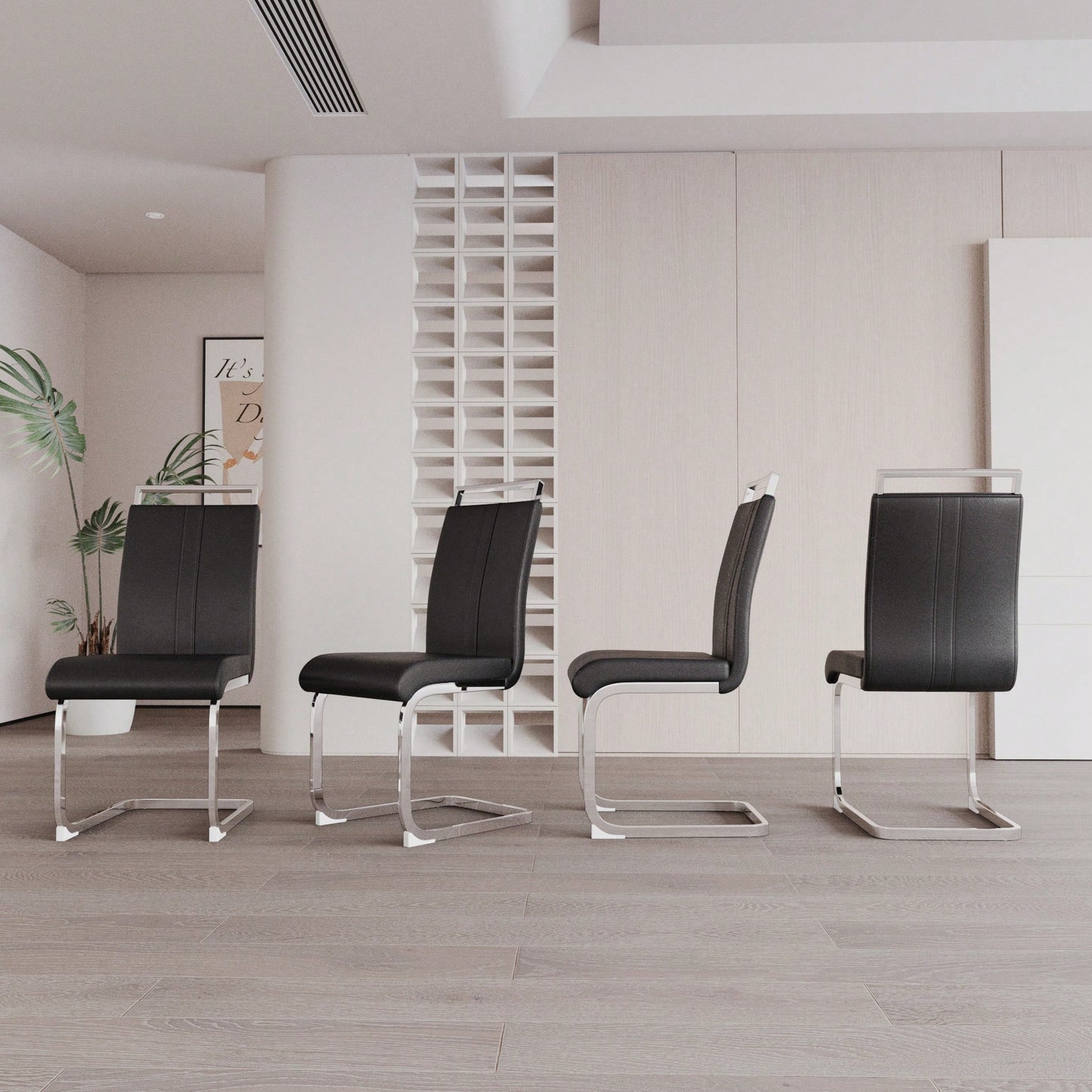 Set Of 4 High Back PU Faux Leather Dining Chairs With C-Shaped Metal Legs For Kitchen Office And Patio Black
