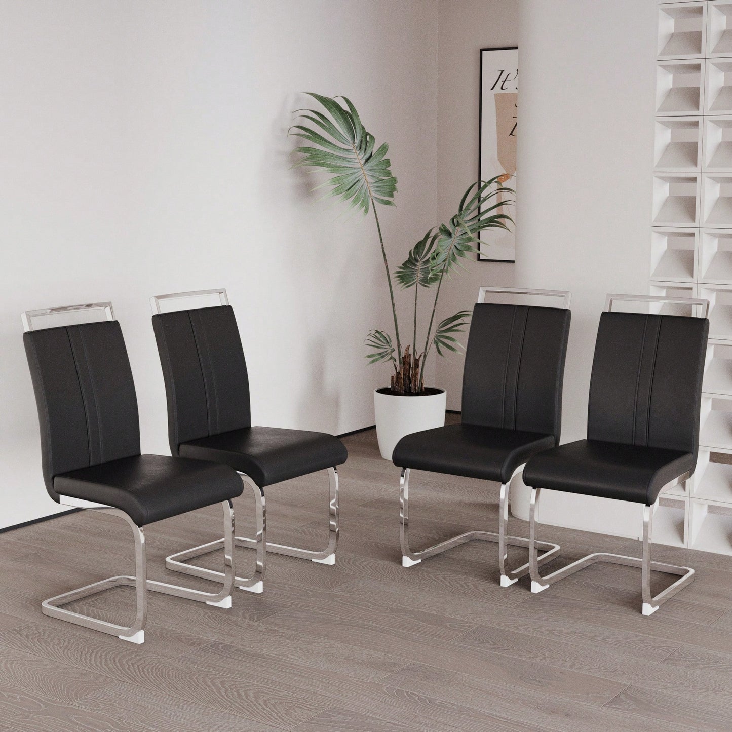 Set Of 4 High Back PU Faux Leather Dining Chairs With C-Shaped Metal Legs For Kitchen Office And Patio Black