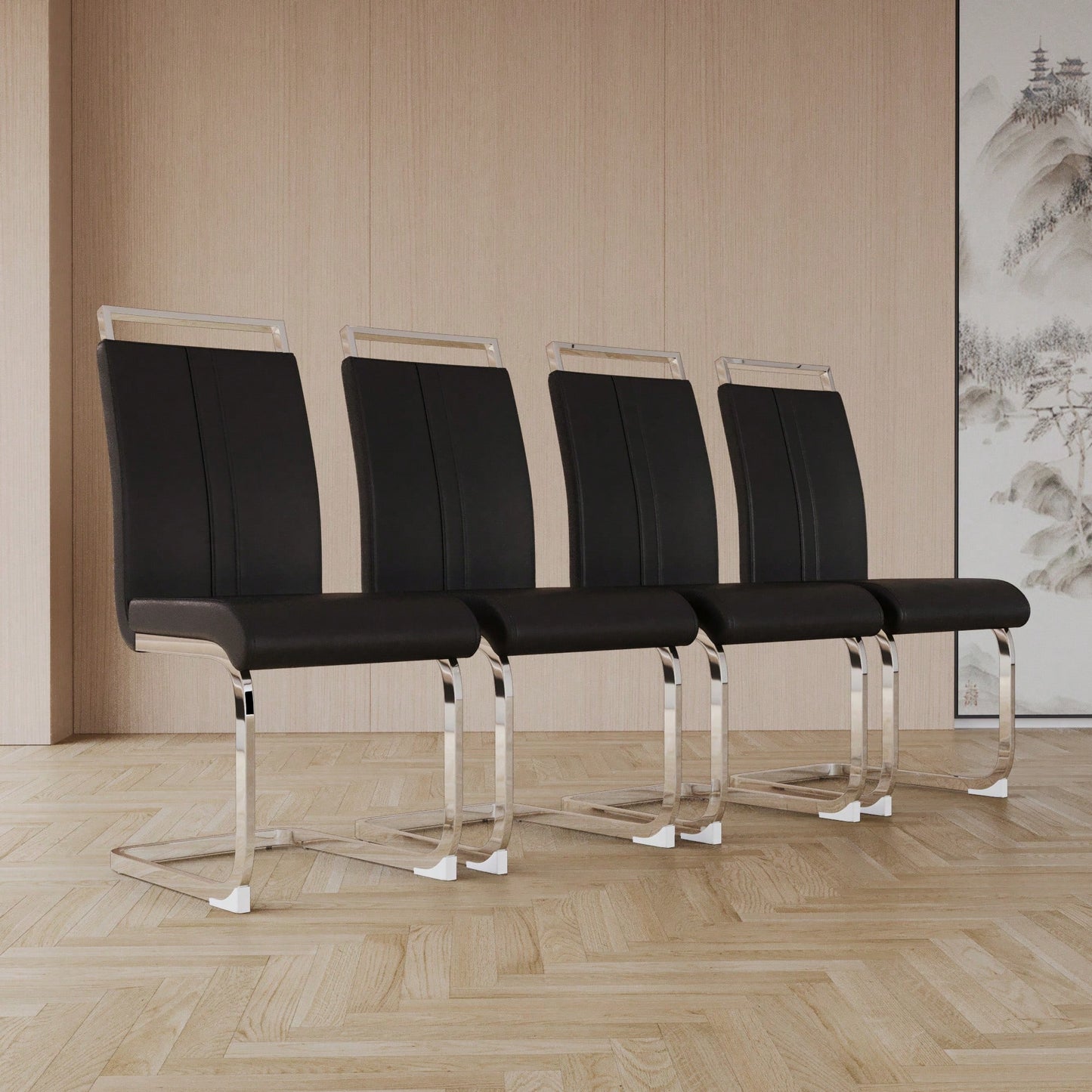 Set Of 4 High Back PU Faux Leather Dining Chairs With C-Shaped Metal Legs For Kitchen Office And Patio Black