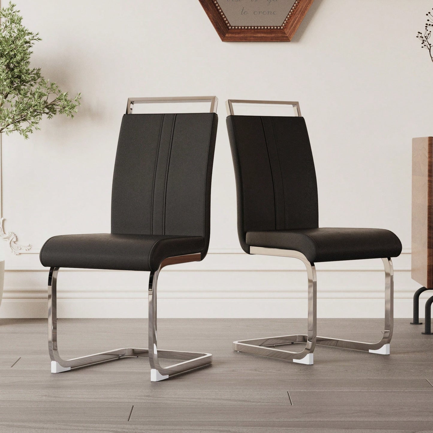 Set Of 4 High Back PU Faux Leather Dining Chairs With C-Shaped Metal Legs For Kitchen Office And Patio Black
