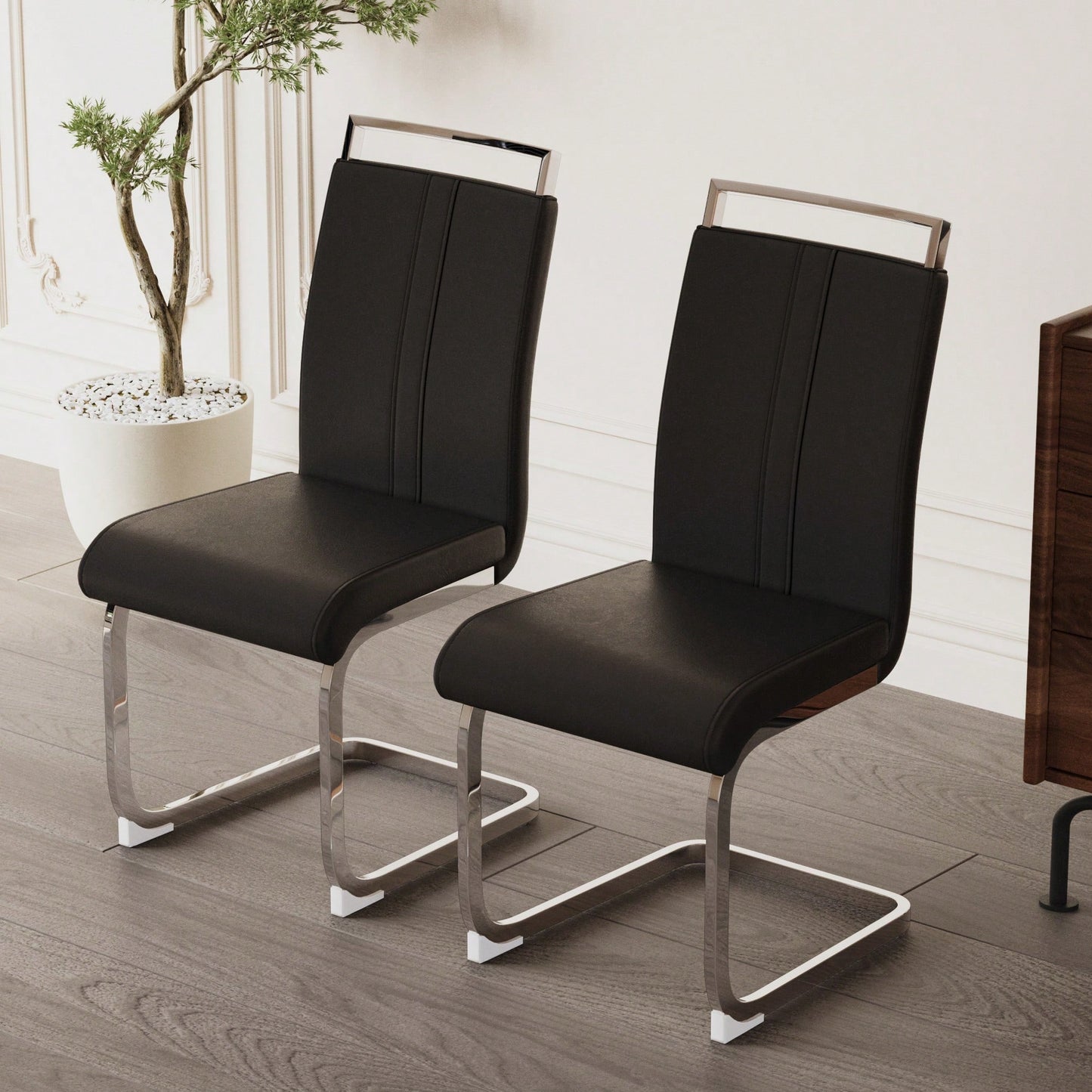 Set Of 4 High Back PU Faux Leather Dining Chairs With C-Shaped Metal Legs For Kitchen Office And Patio Black