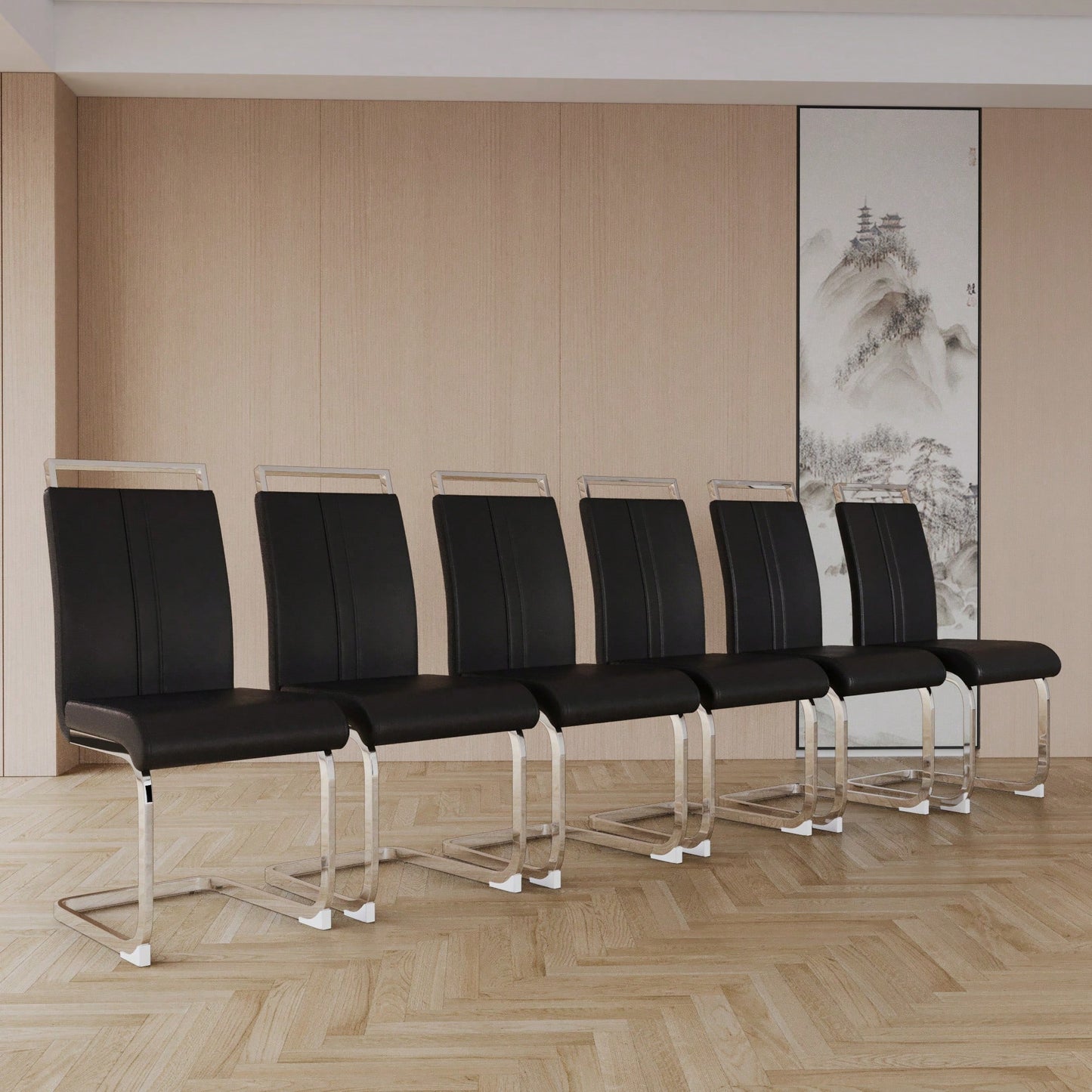 Set Of 4 High Back PU Faux Leather Dining Chairs With C-Shaped Metal Legs For Kitchen Office And Patio Black