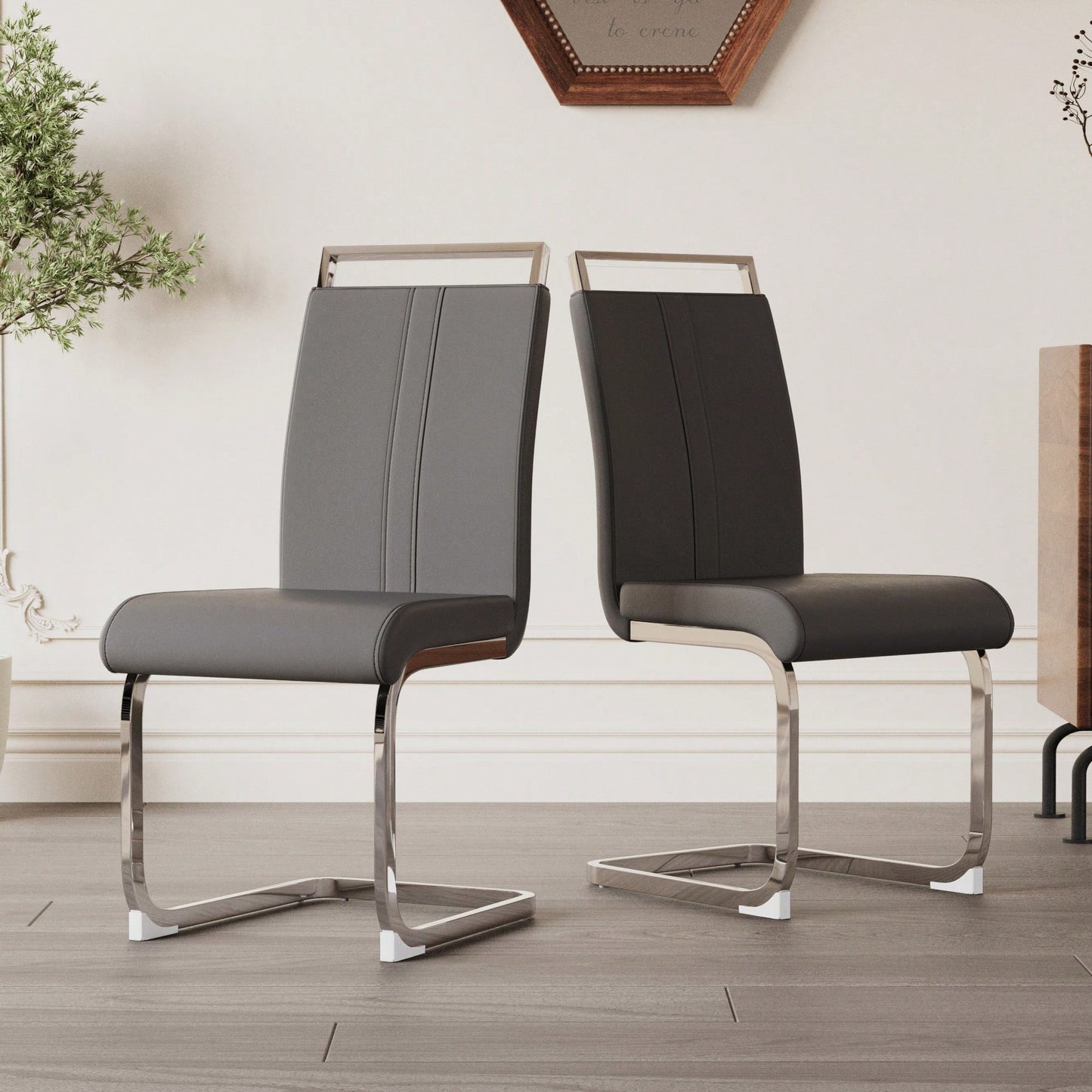 Set Of 4 High Back PU Faux Leather Dining Chairs With C-Shaped Metal Legs For Kitchen Office And Patio Black