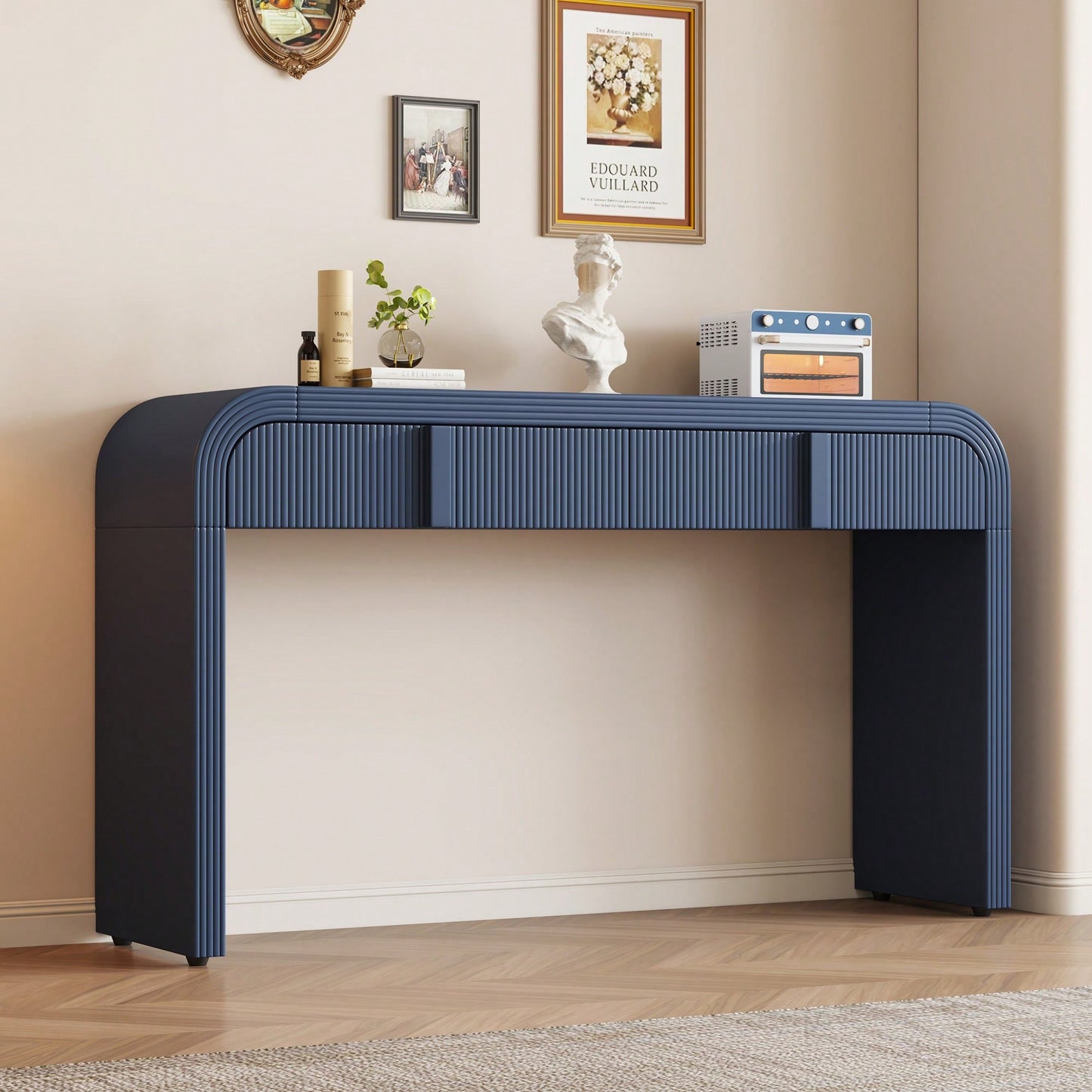 Modern Rounded Console Table With Smooth Surface And 2 Drawers For Living Room And Entryway In Navy Blue