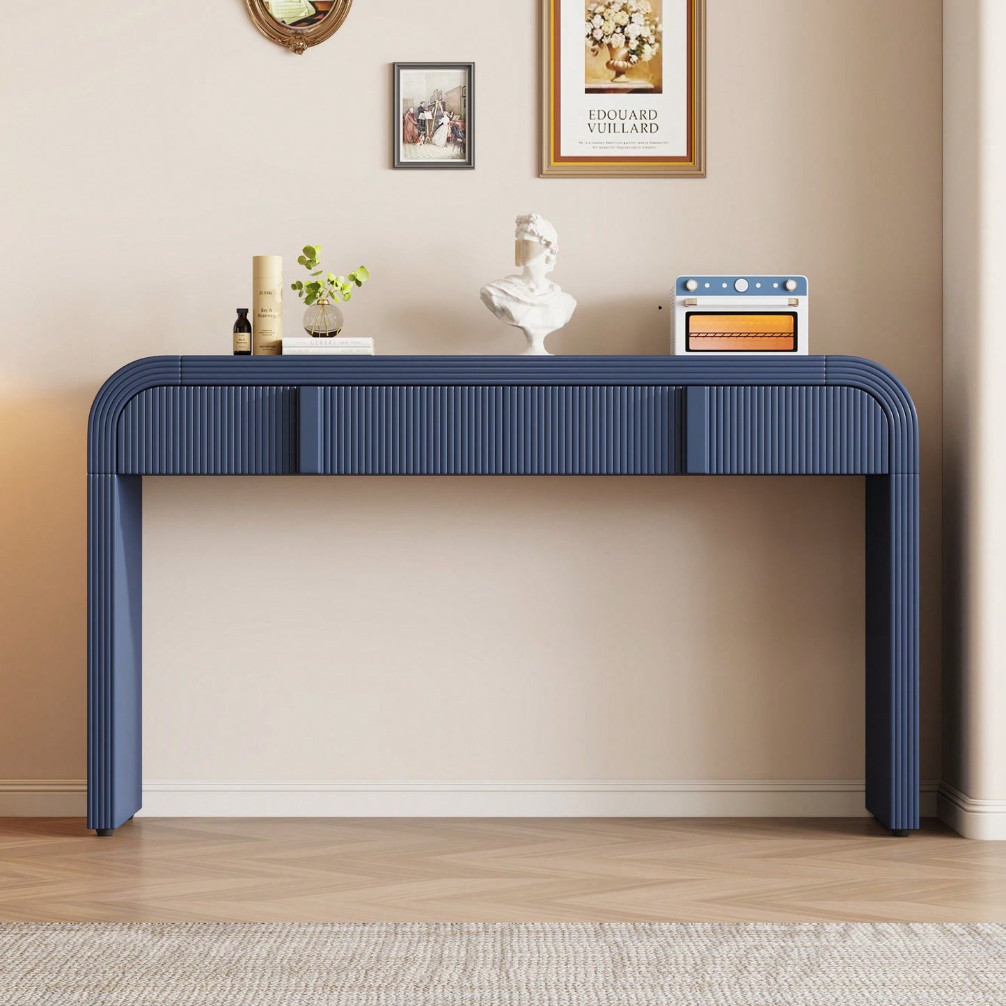 Modern Rounded Console Table With Smooth Surface And 2 Drawers For Living Room And Entryway In Navy Blue