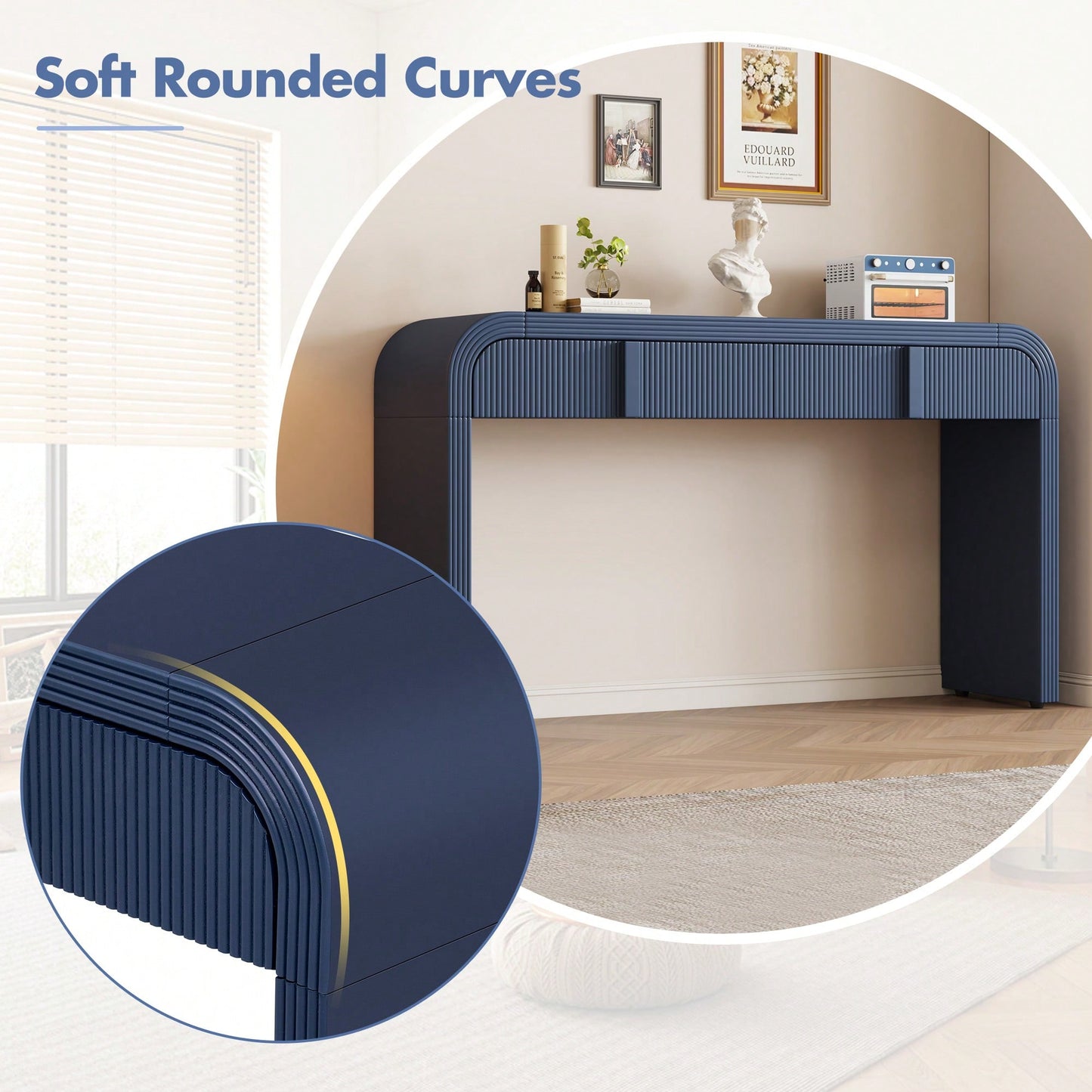 Modern Rounded Console Table With Smooth Surface And 2 Drawers For Living Room And Entryway In Navy Blue
