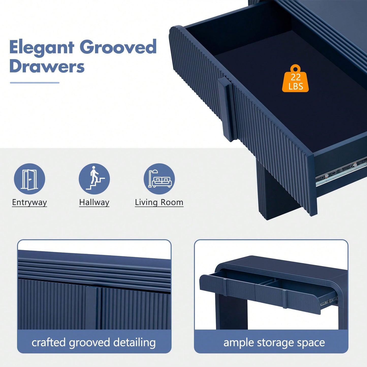 Modern Rounded Console Table With Smooth Surface And 2 Drawers For Living Room And Entryway In Navy Blue