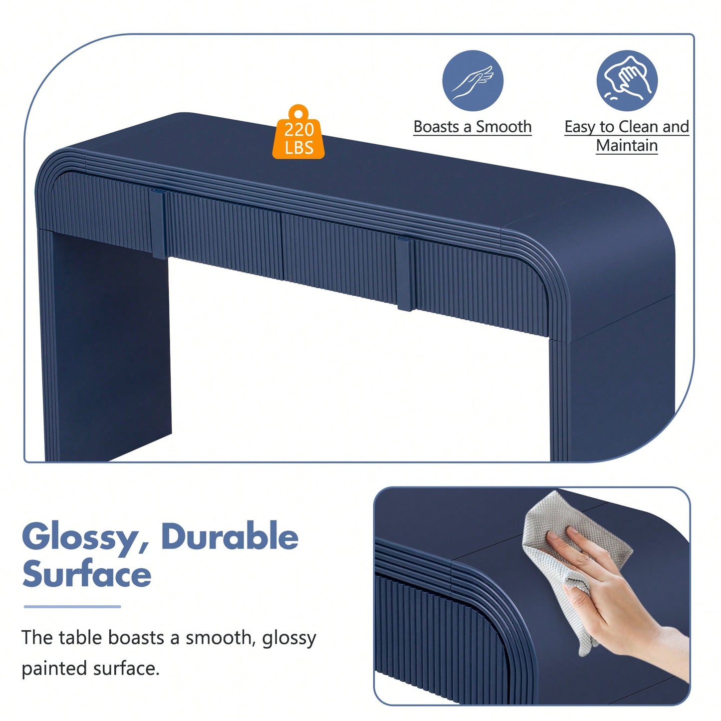 Modern Rounded Console Table With Smooth Surface And 2 Drawers For Living Room And Entryway In Navy Blue