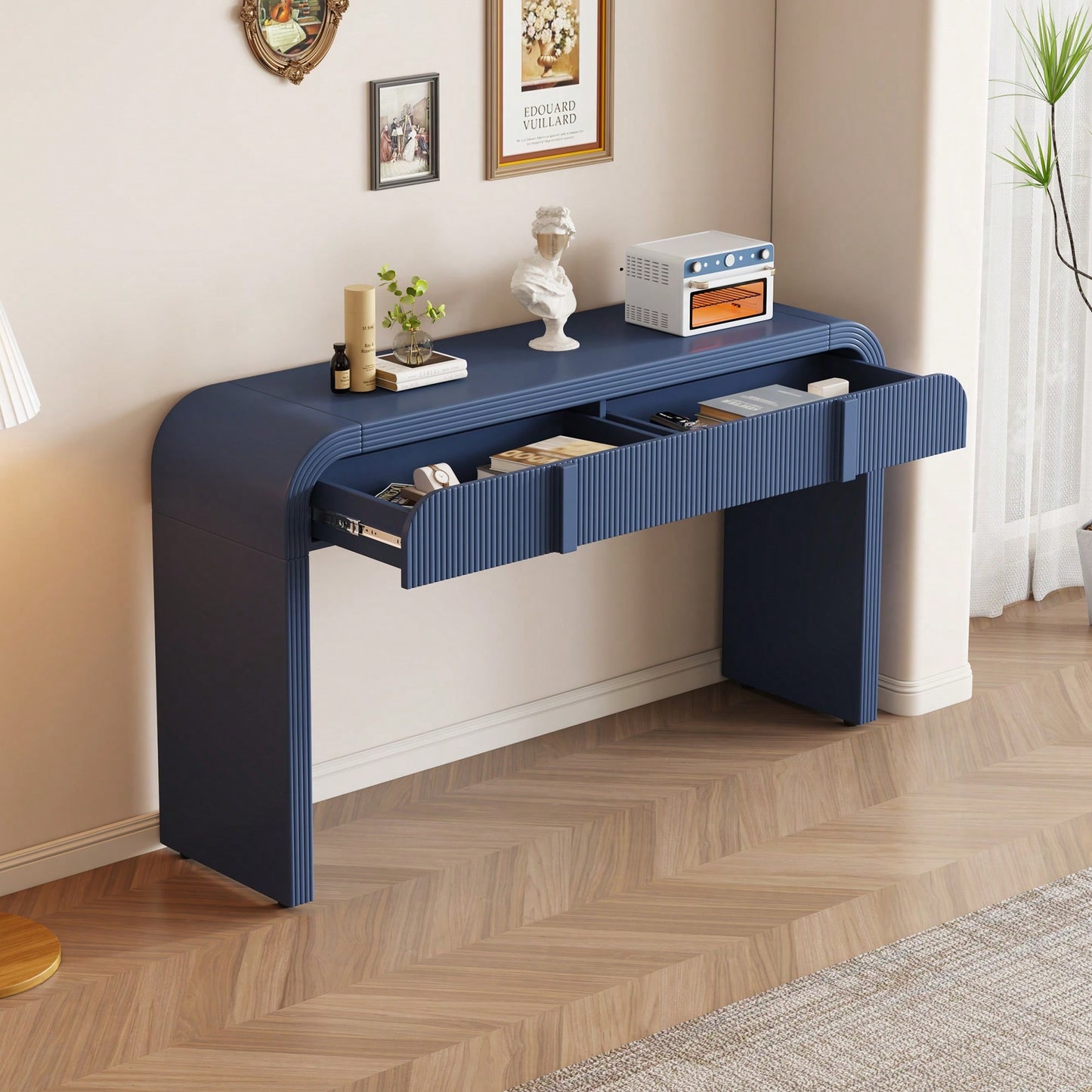 Modern Rounded Console Table With Smooth Surface And 2 Drawers For Living Room And Entryway In Navy Blue