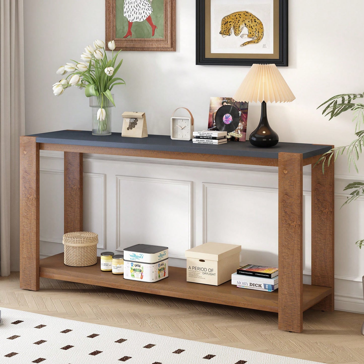 Minimalist Console Table With Bottom Shelf And Four Legs For Entryway Hallway Living Room Foyer Corridor