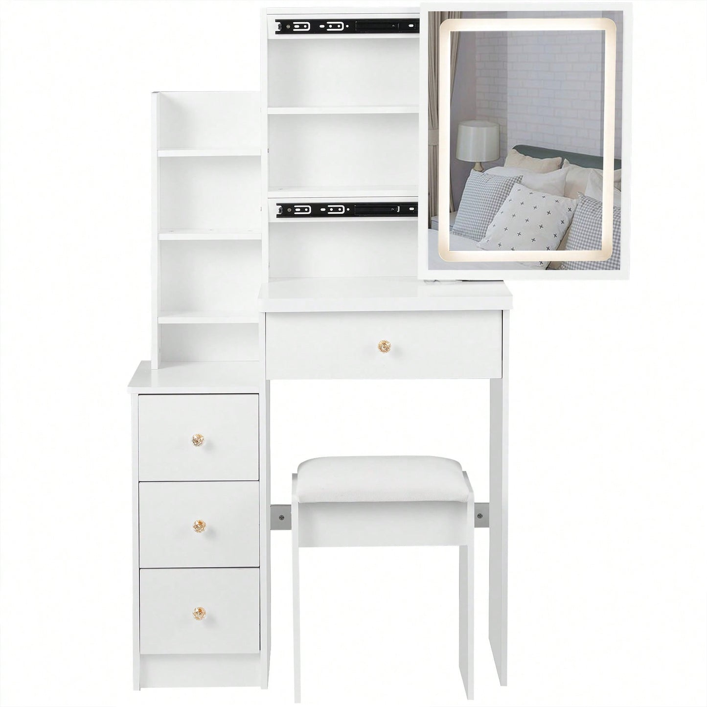 Compact Vanity Table With Cushioned Stool And Touch Control LED Mirror Tri-Color Brightness Adjustable Ideal For Small Spaces