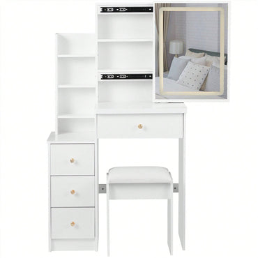 Compact Vanity Table With Cushioned Stool And Touch Control LED Mirror Tri-Color Brightness Adjustable Ideal For Small Spaces