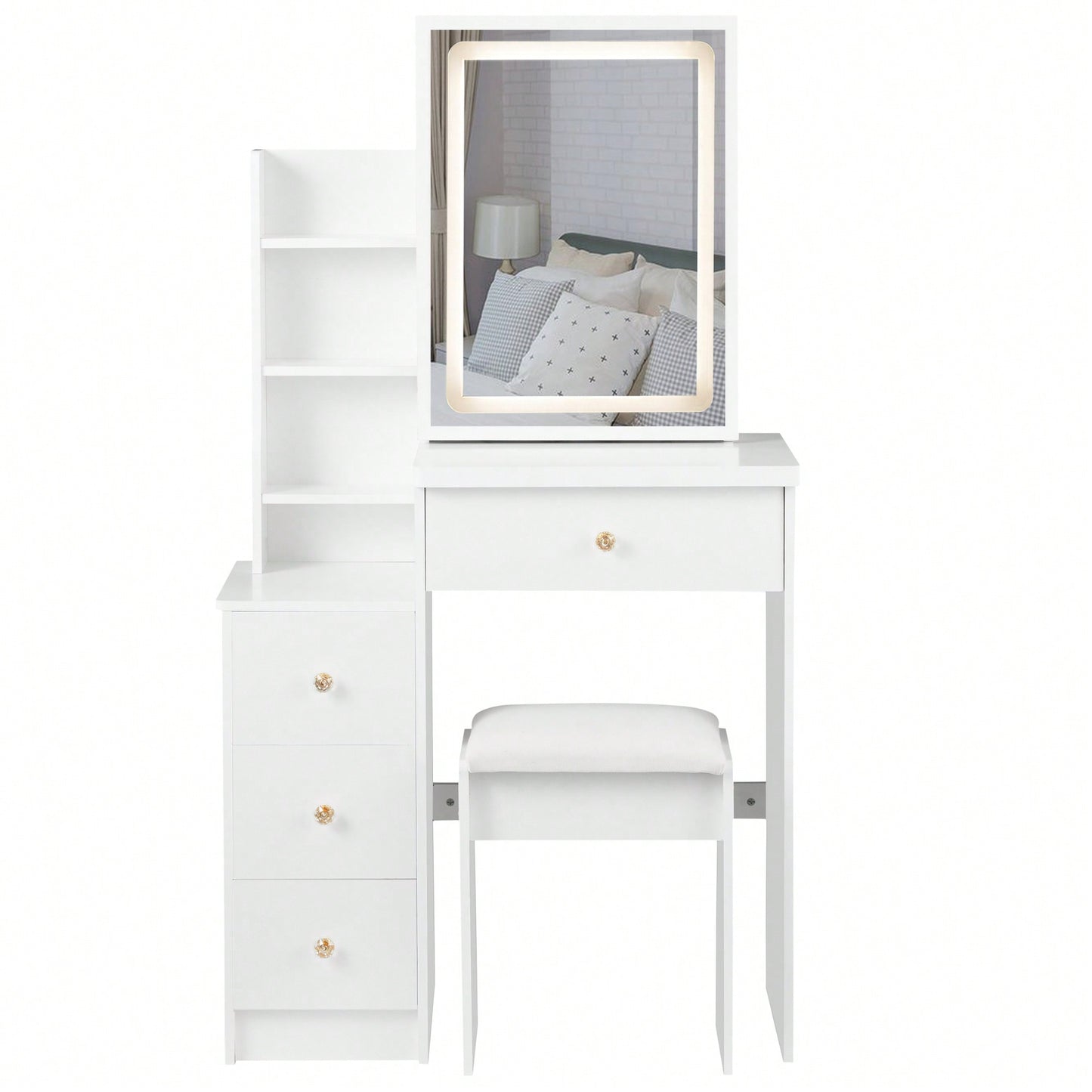 Compact Vanity Table With Cushioned Stool And Touch Control LED Mirror Tri-Color Brightness Adjustable Ideal For Small Spaces