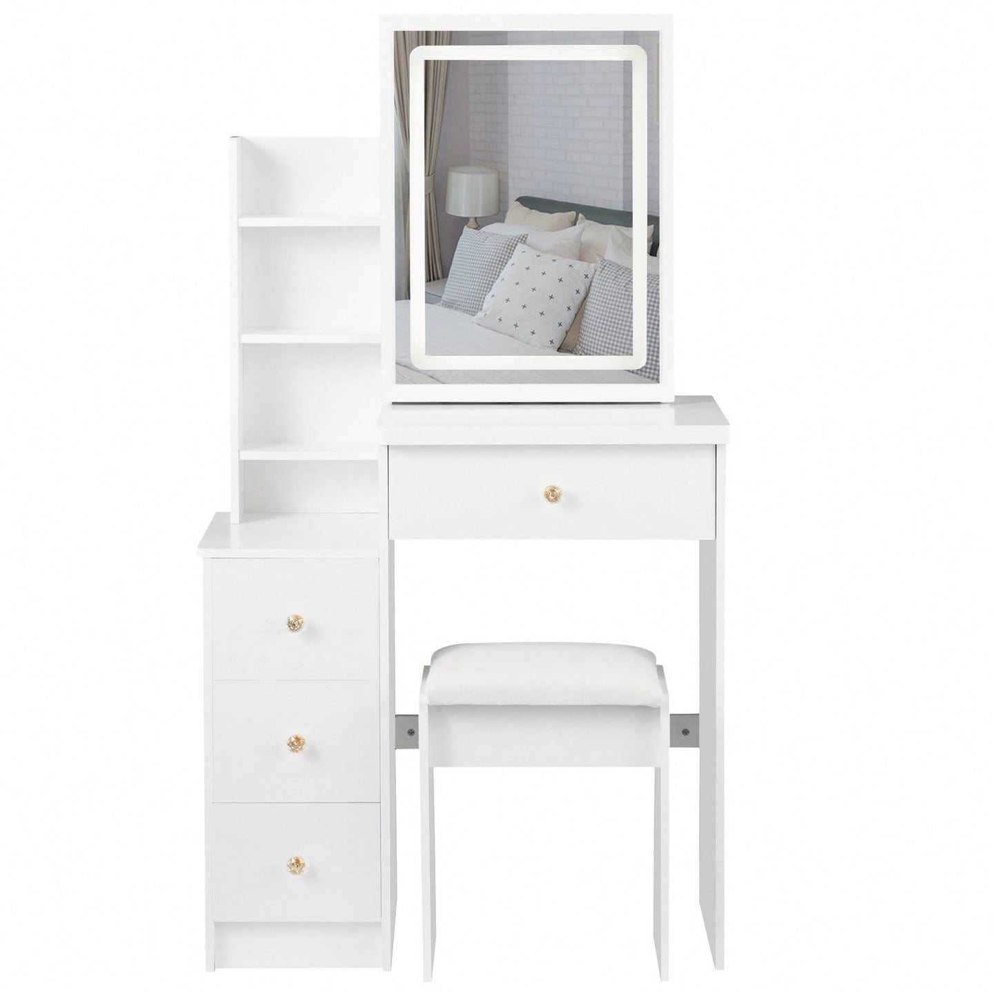 Compact Vanity Table With Cushioned Stool And Touch Control LED Mirror Tri-Color Brightness Adjustable Ideal For Small Spaces