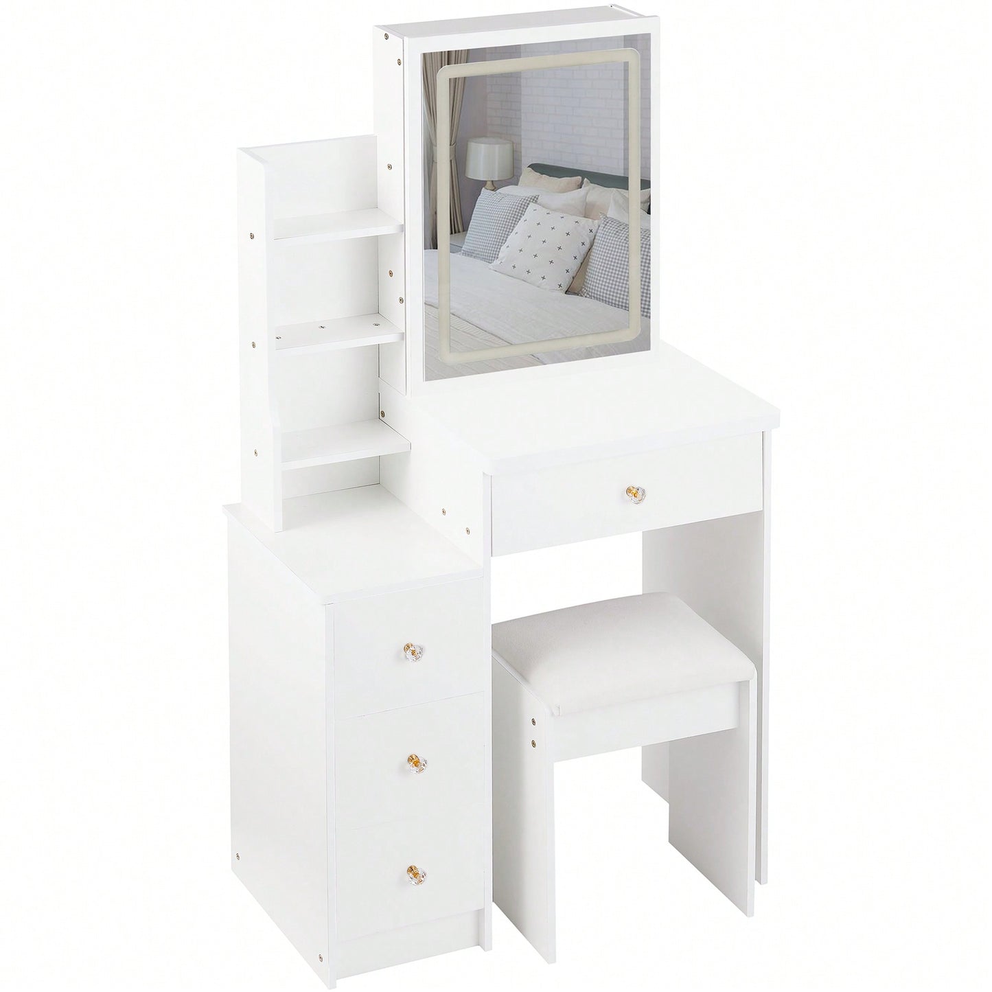 Compact Vanity Table With Cushioned Stool And Touch Control LED Mirror Tri-Color Brightness Adjustable Ideal For Small Spaces