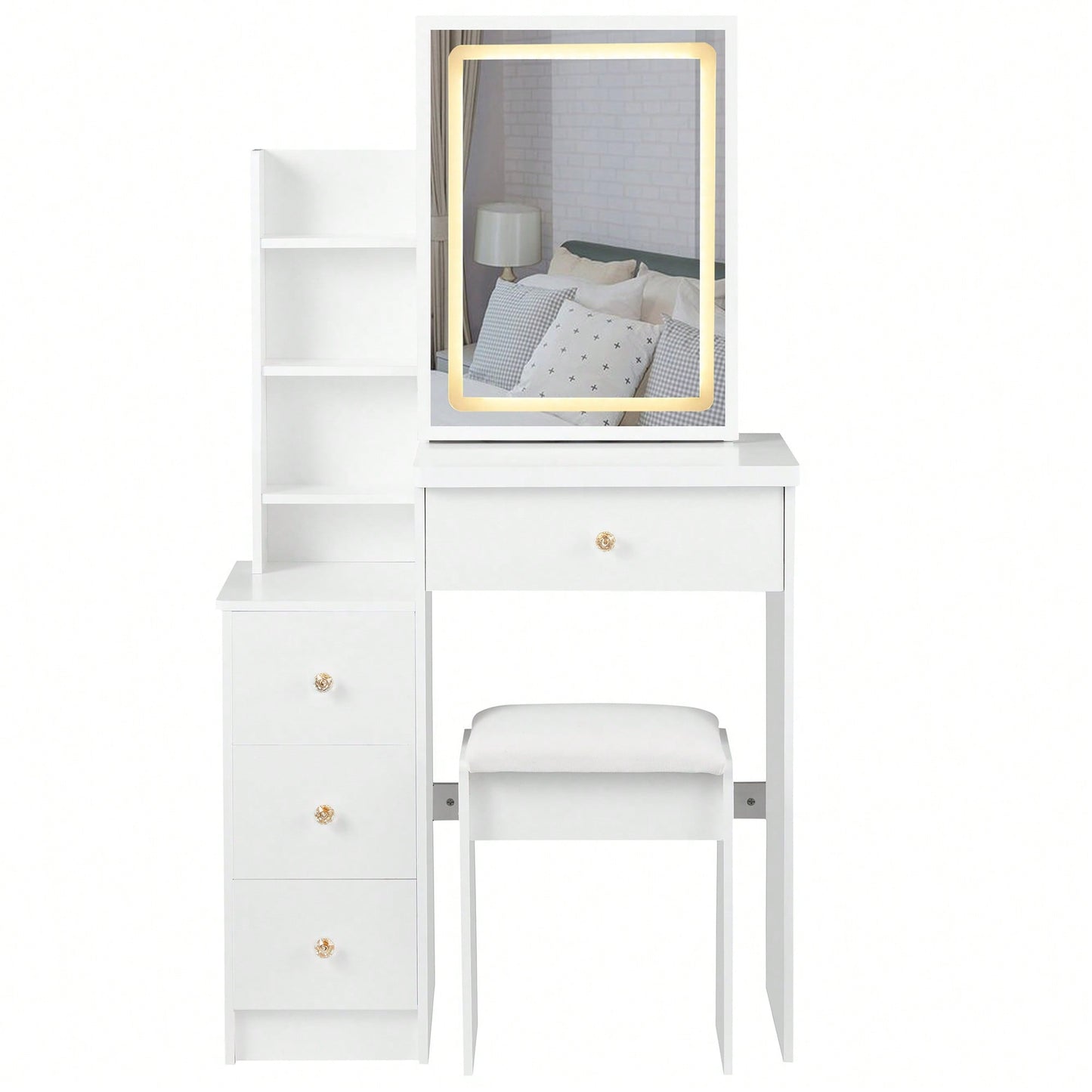 Compact Vanity Table With Cushioned Stool And Touch Control LED Mirror Tri-Color Brightness Adjustable Ideal For Small Spaces