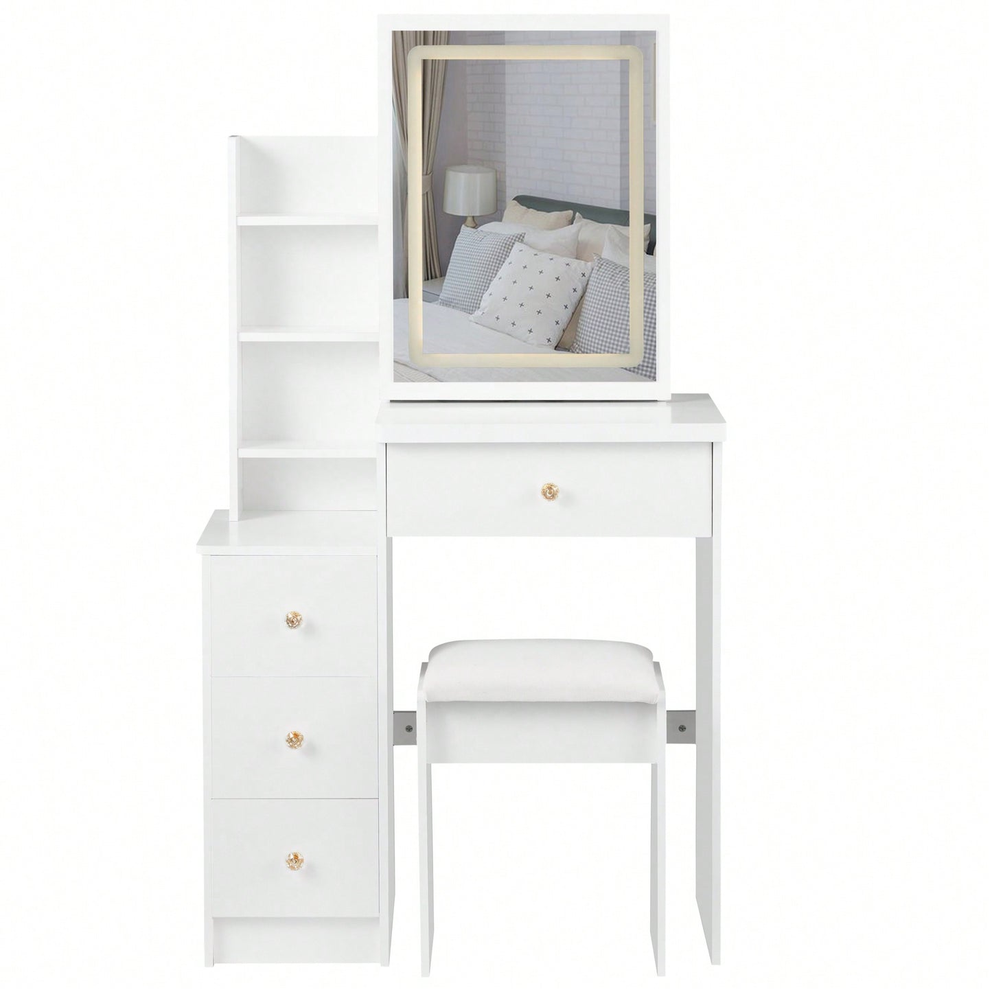 Compact Vanity Table With Cushioned Stool And Touch Control LED Mirror Tri-Color Brightness Adjustable Ideal For Small Spaces