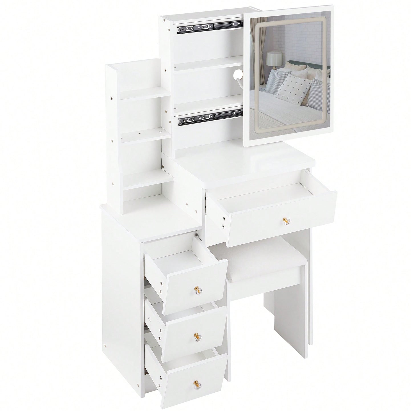 Compact Vanity Table With Cushioned Stool And Touch Control LED Mirror Tri-Color Brightness Adjustable Ideal For Small Spaces