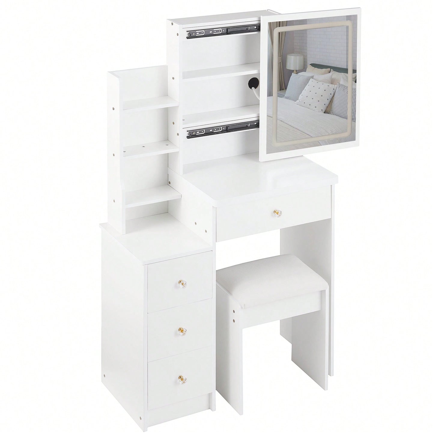 Compact Vanity Table With Cushioned Stool And Touch Control LED Mirror Tri-Color Brightness Adjustable Ideal For Small Spaces