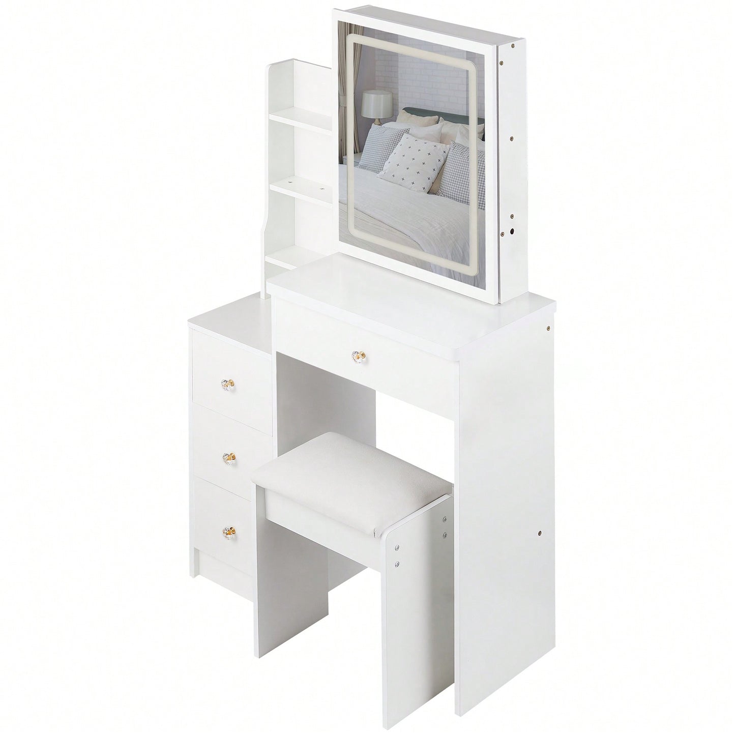 Compact Vanity Table With Cushioned Stool And Touch Control LED Mirror Tri-Color Brightness Adjustable Ideal For Small Spaces