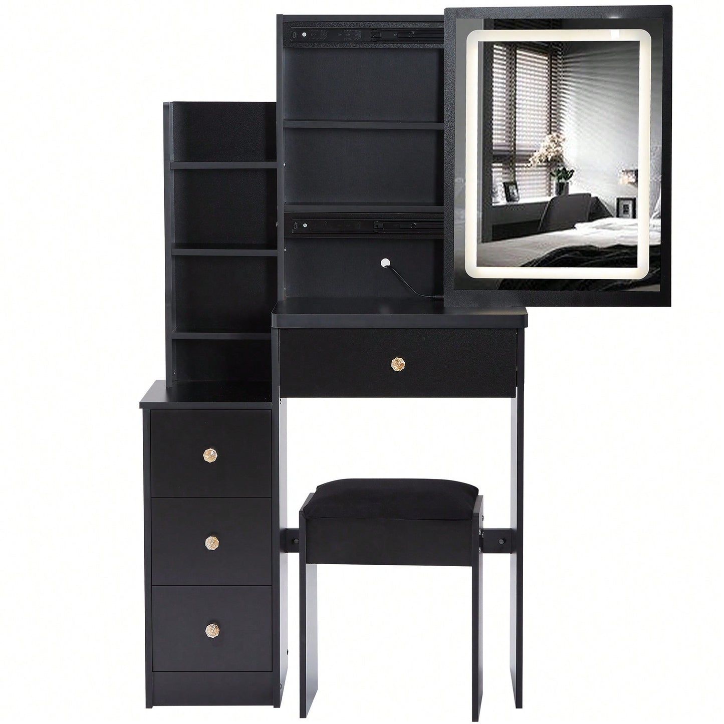 Compact Vanity Table With Cushioned Stool And Touch Control LED Mirror Tri-Color Brightness Adjustable Ideal For Small Spaces