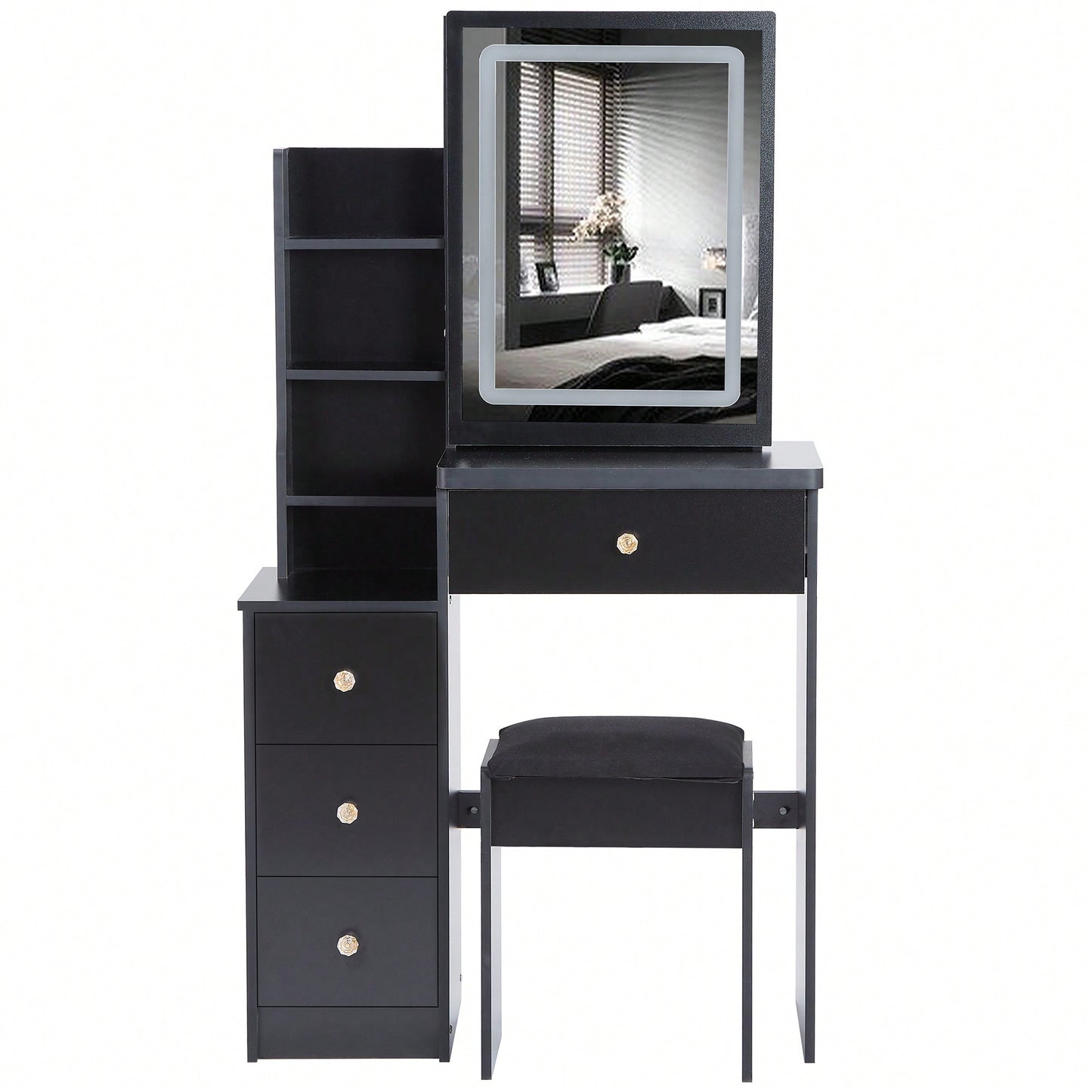 Compact Vanity Table With Cushioned Stool And Touch Control LED Mirror Tri-Color Brightness Adjustable Ideal For Small Spaces