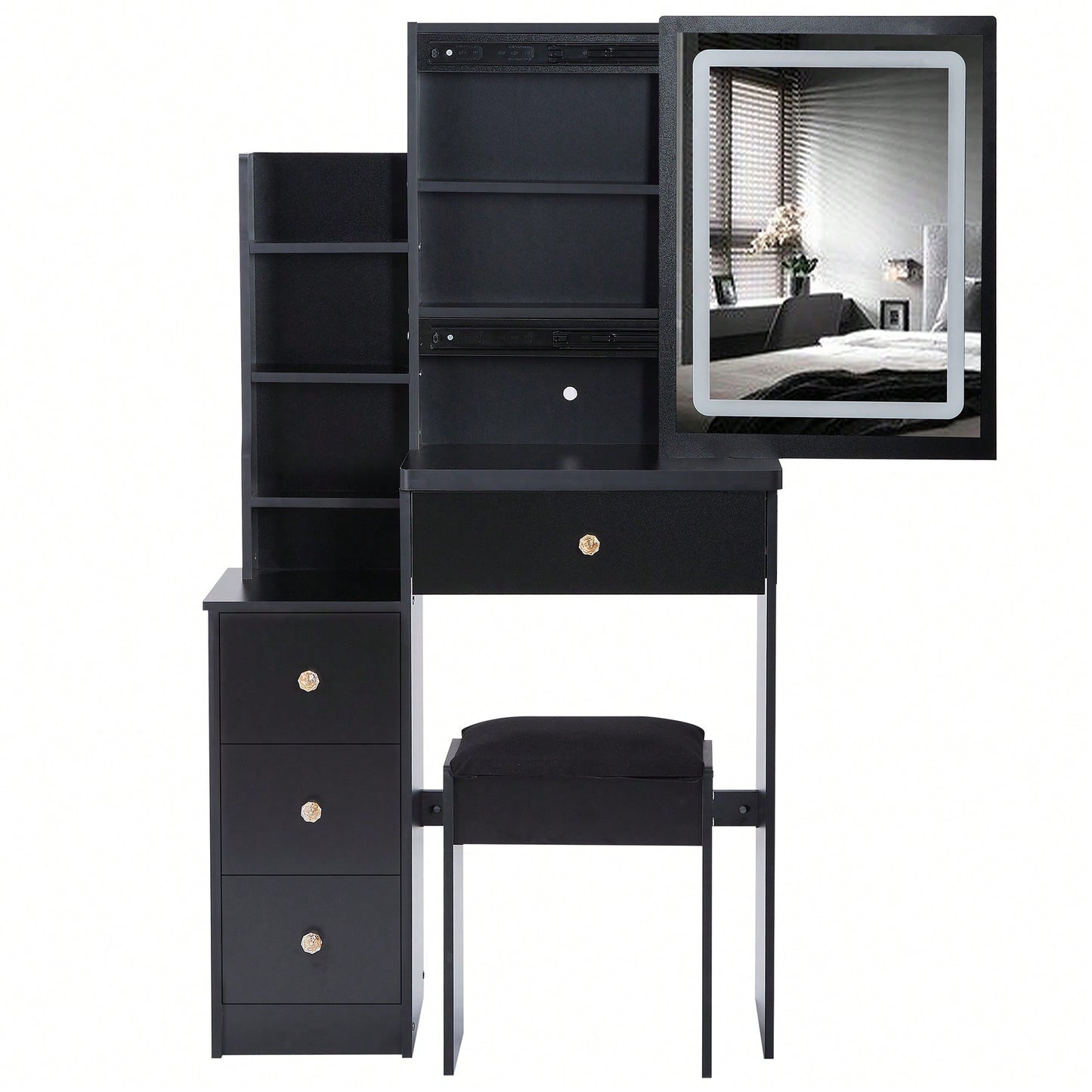 Compact Vanity Table With Cushioned Stool And Touch Control LED Mirror Tri-Color Brightness Adjustable Ideal For Small Spaces