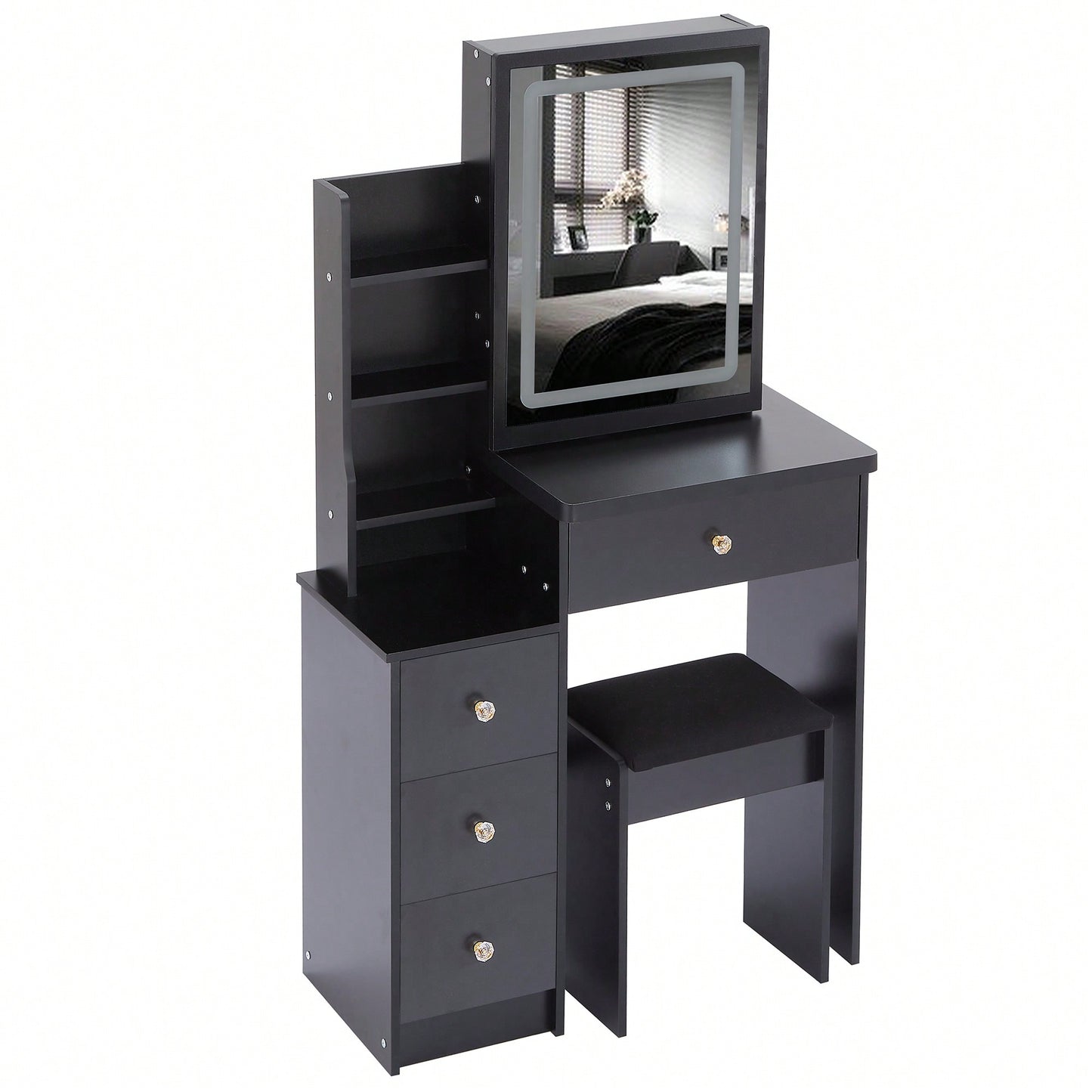 Compact Vanity Table With Cushioned Stool And Touch Control LED Mirror Tri-Color Brightness Adjustable Ideal For Small Spaces