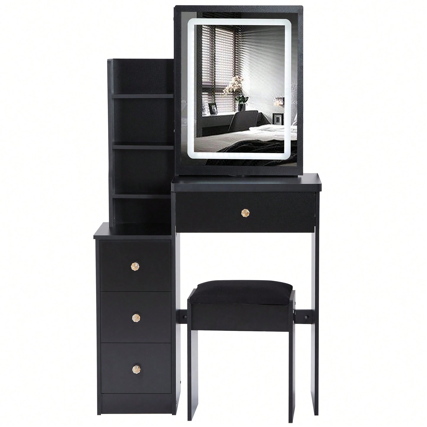 Compact Vanity Table With Cushioned Stool And Touch Control LED Mirror Tri-Color Brightness Adjustable Ideal For Small Spaces