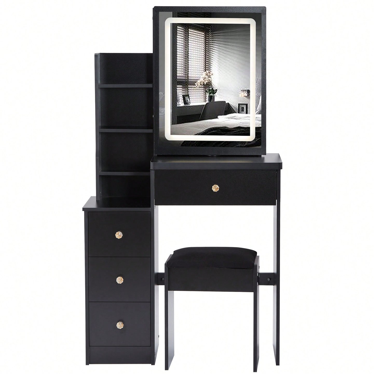 Compact Vanity Table With Cushioned Stool And Touch Control LED Mirror Tri-Color Brightness Adjustable Ideal For Small Spaces