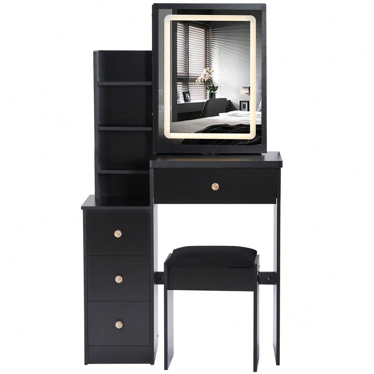 Compact Vanity Table With Cushioned Stool And Touch Control LED Mirror Tri-Color Brightness Adjustable Ideal For Small Spaces