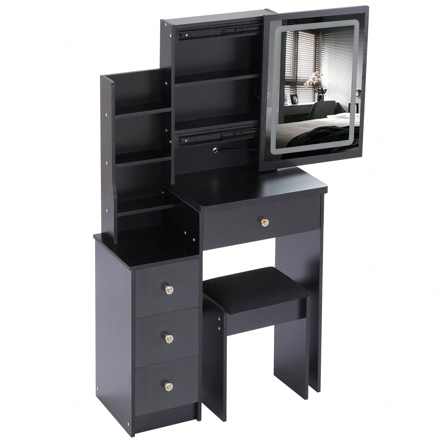 Compact Vanity Table With Cushioned Stool And Touch Control LED Mirror Tri-Color Brightness Adjustable Ideal For Small Spaces