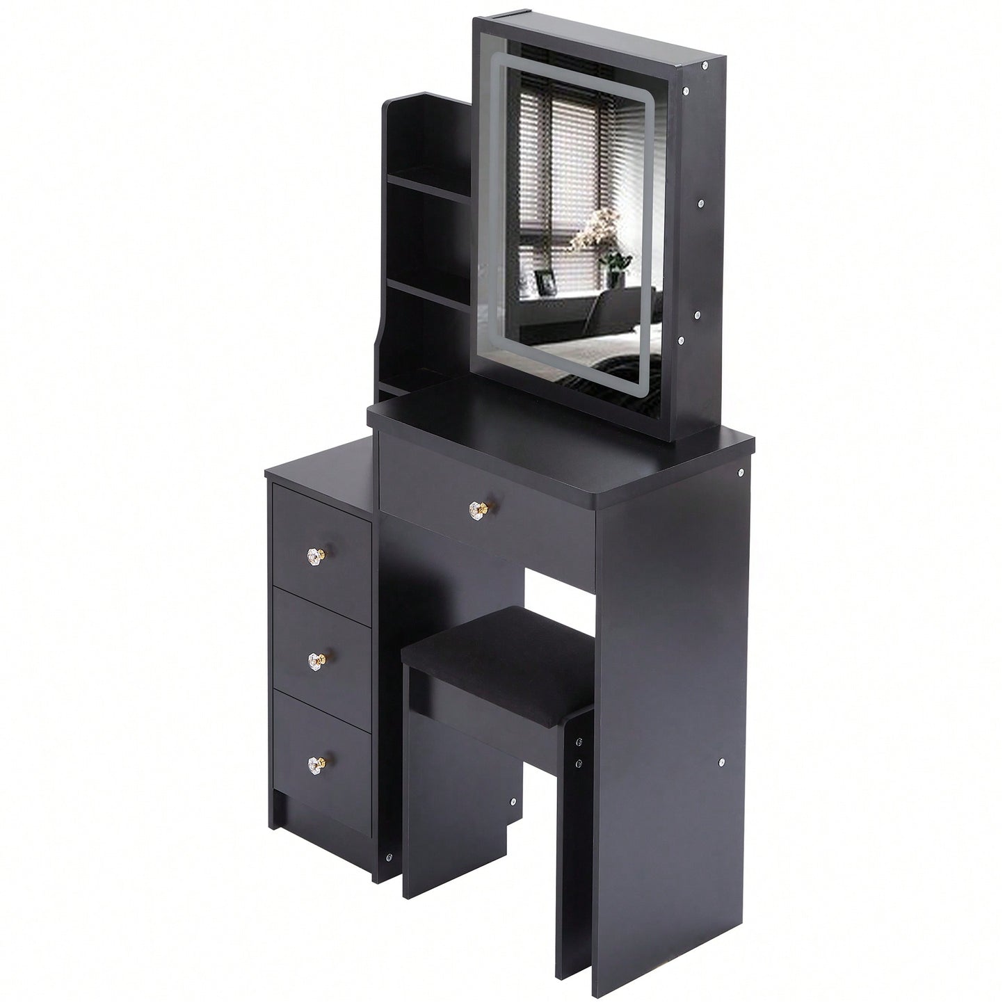 Compact Vanity Table With Cushioned Stool And Touch Control LED Mirror Tri-Color Brightness Adjustable Ideal For Small Spaces