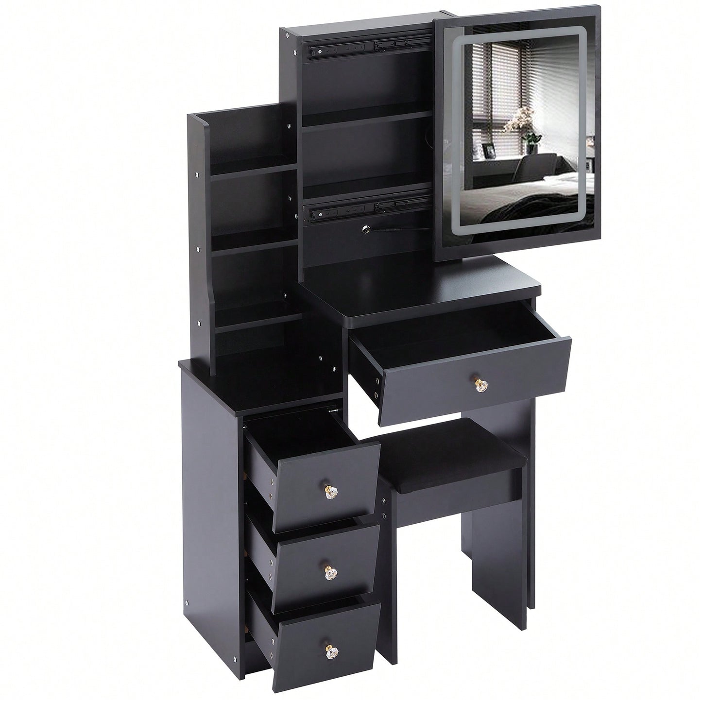 Compact Vanity Table With Cushioned Stool And Touch Control LED Mirror Tri-Color Brightness Adjustable Ideal For Small Spaces