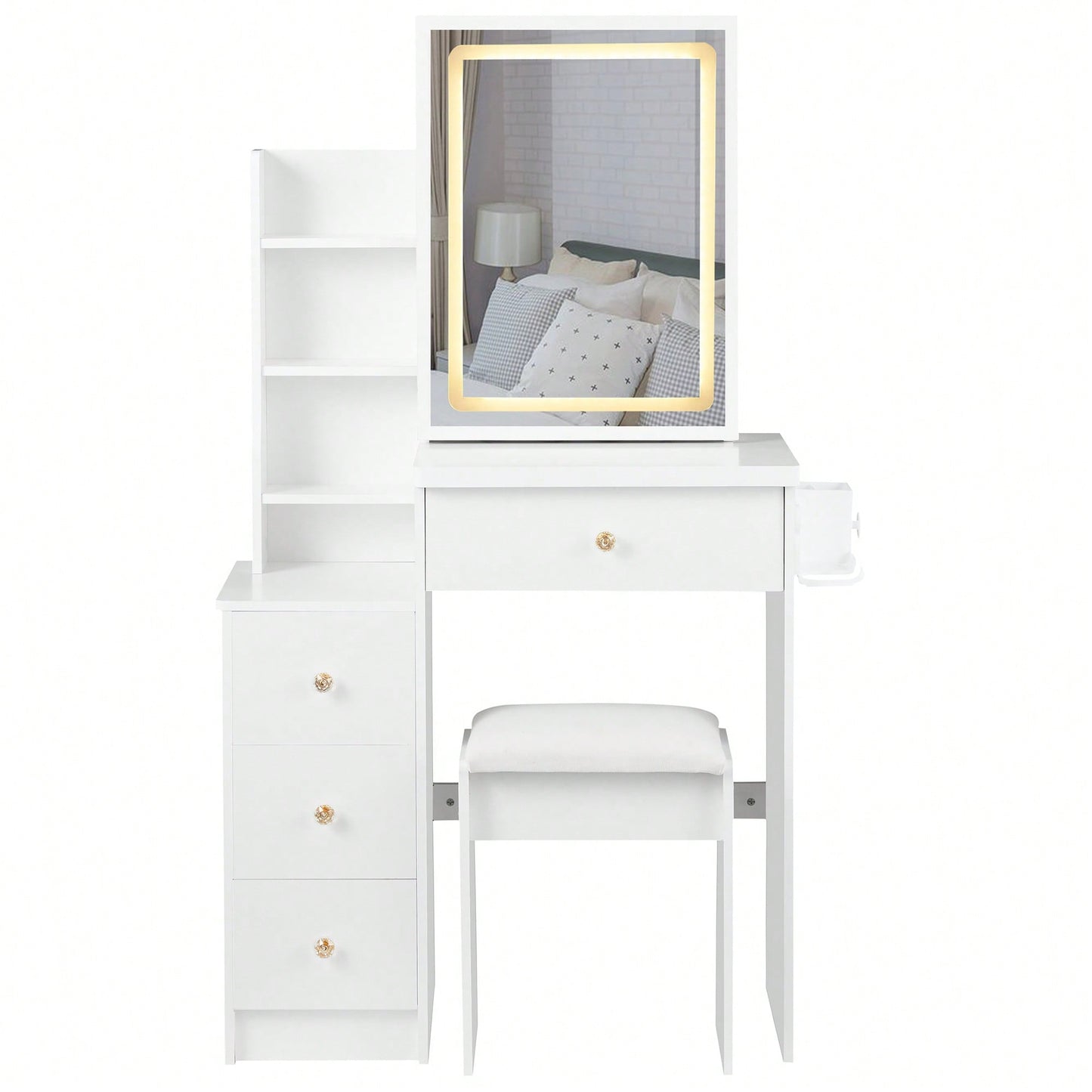 Compact Vanity Table with Cushioned Stool 2 AC Outlets 2 USB Ports Hair Dryer Holder Large Touch Control LED Mirror Tri-Color Options Safe