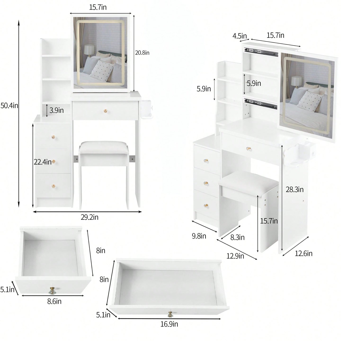 Compact Vanity Table with Cushioned Stool 2 AC Outlets 2 USB Ports Hair Dryer Holder Large Touch Control LED Mirror Tri-Color Options Safe