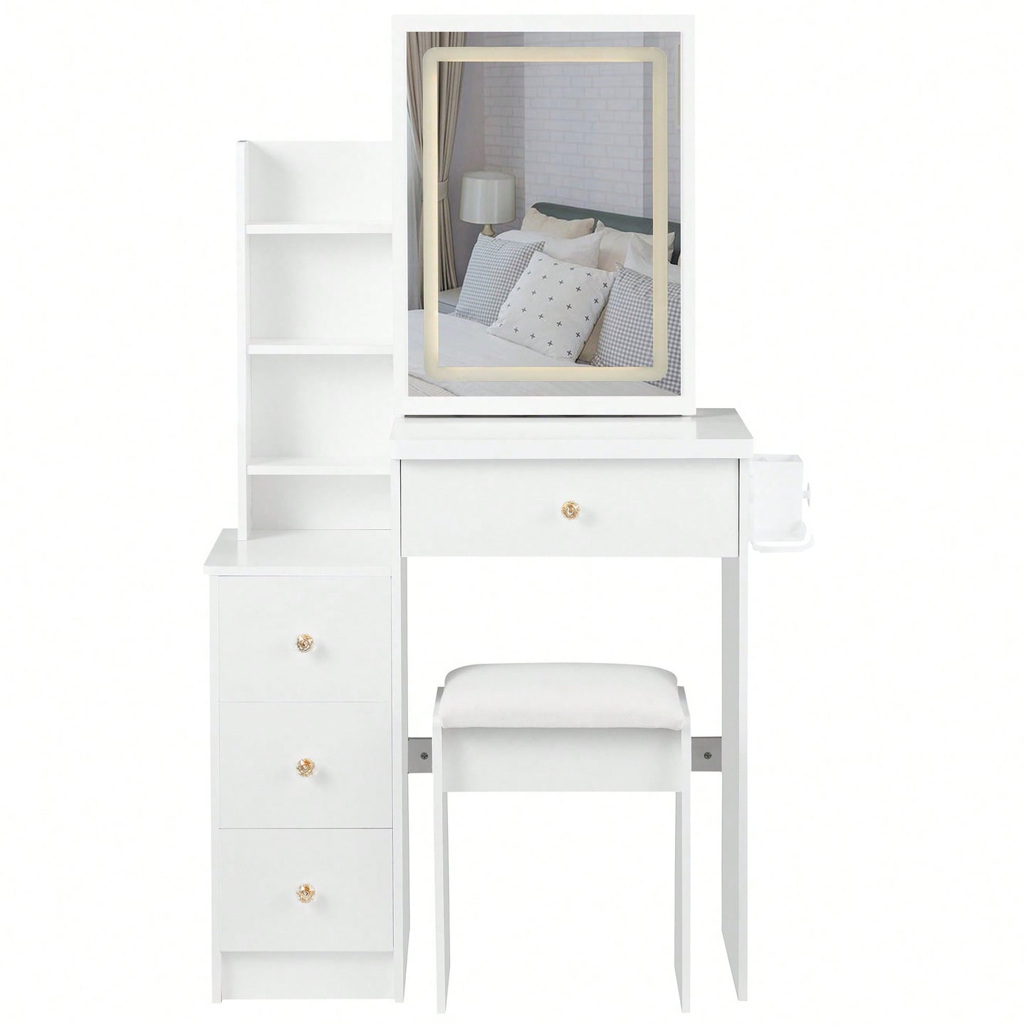 Compact Vanity Table with Cushioned Stool 2 AC Outlets 2 USB Ports Hair Dryer Holder Large Touch Control LED Mirror Tri-Color Options Safe