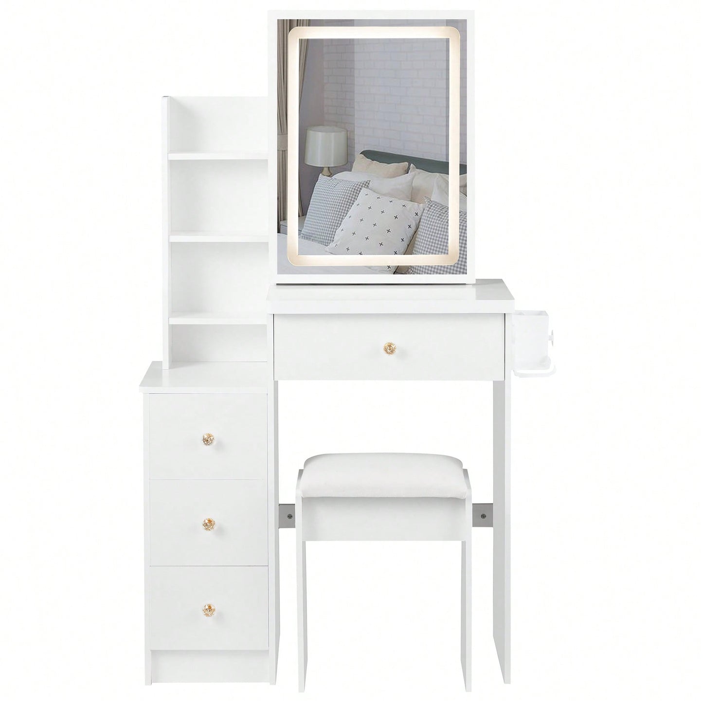 Compact Vanity Table with Cushioned Stool 2 AC Outlets 2 USB Ports Hair Dryer Holder Large Touch Control LED Mirror Tri-Color Options Safe