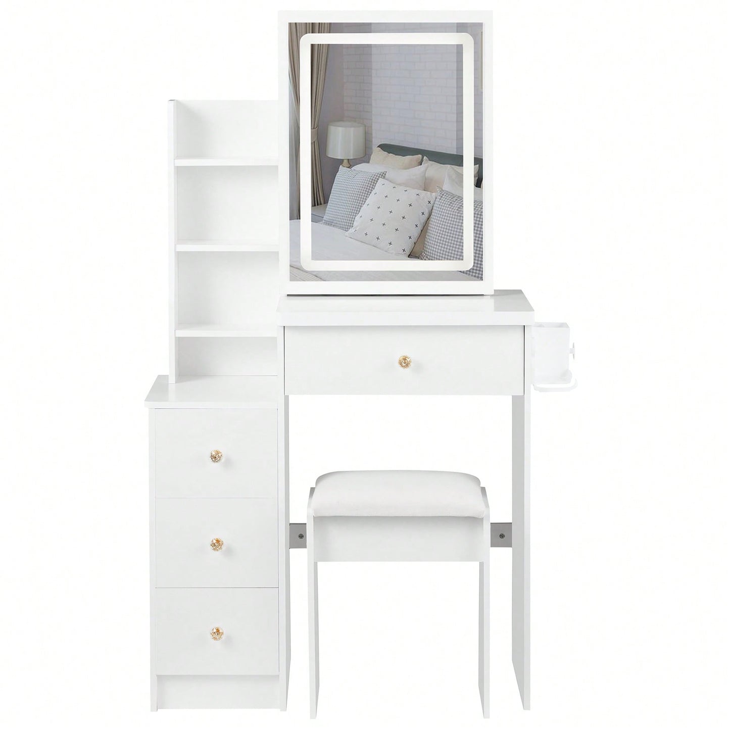 Compact Vanity Table with Cushioned Stool 2 AC Outlets 2 USB Ports Hair Dryer Holder Large Touch Control LED Mirror Tri-Color Options Safe