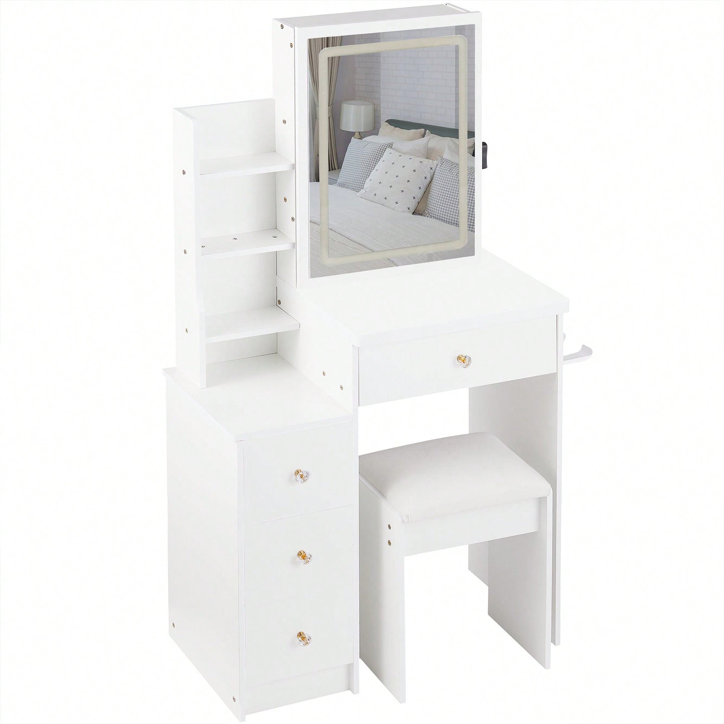 Compact Vanity Table with Cushioned Stool 2 AC Outlets 2 USB Ports Hair Dryer Holder Large Touch Control LED Mirror Tri-Color Options Safe