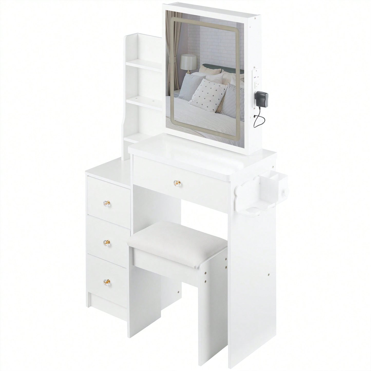 Compact Vanity Table with Cushioned Stool 2 AC Outlets 2 USB Ports Hair Dryer Holder Large Touch Control LED Mirror Tri-Color Options Safe