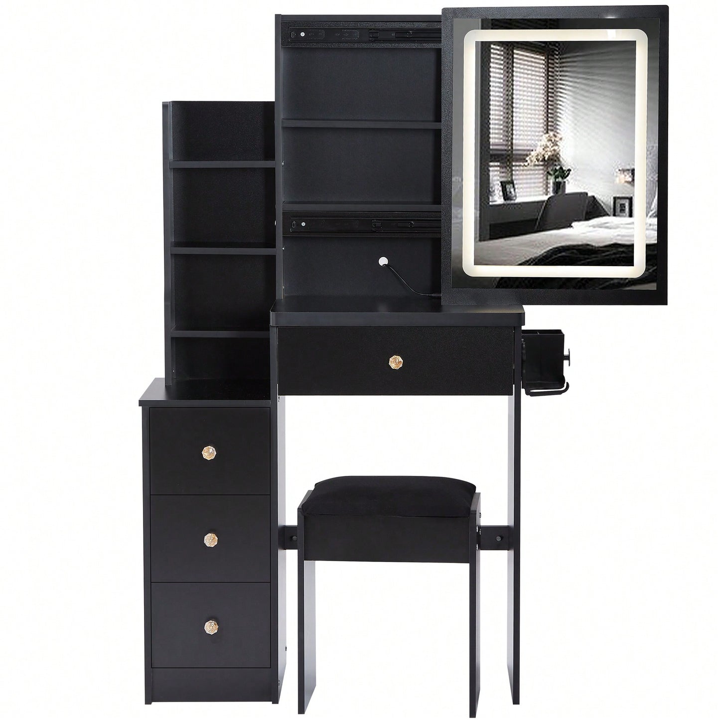 Compact Vanity Table with Cushioned Stool 2 AC Outlets 2 USB Ports Hair Dryer Holder Large Touch Control LED Mirror Tri-Color Options Safe