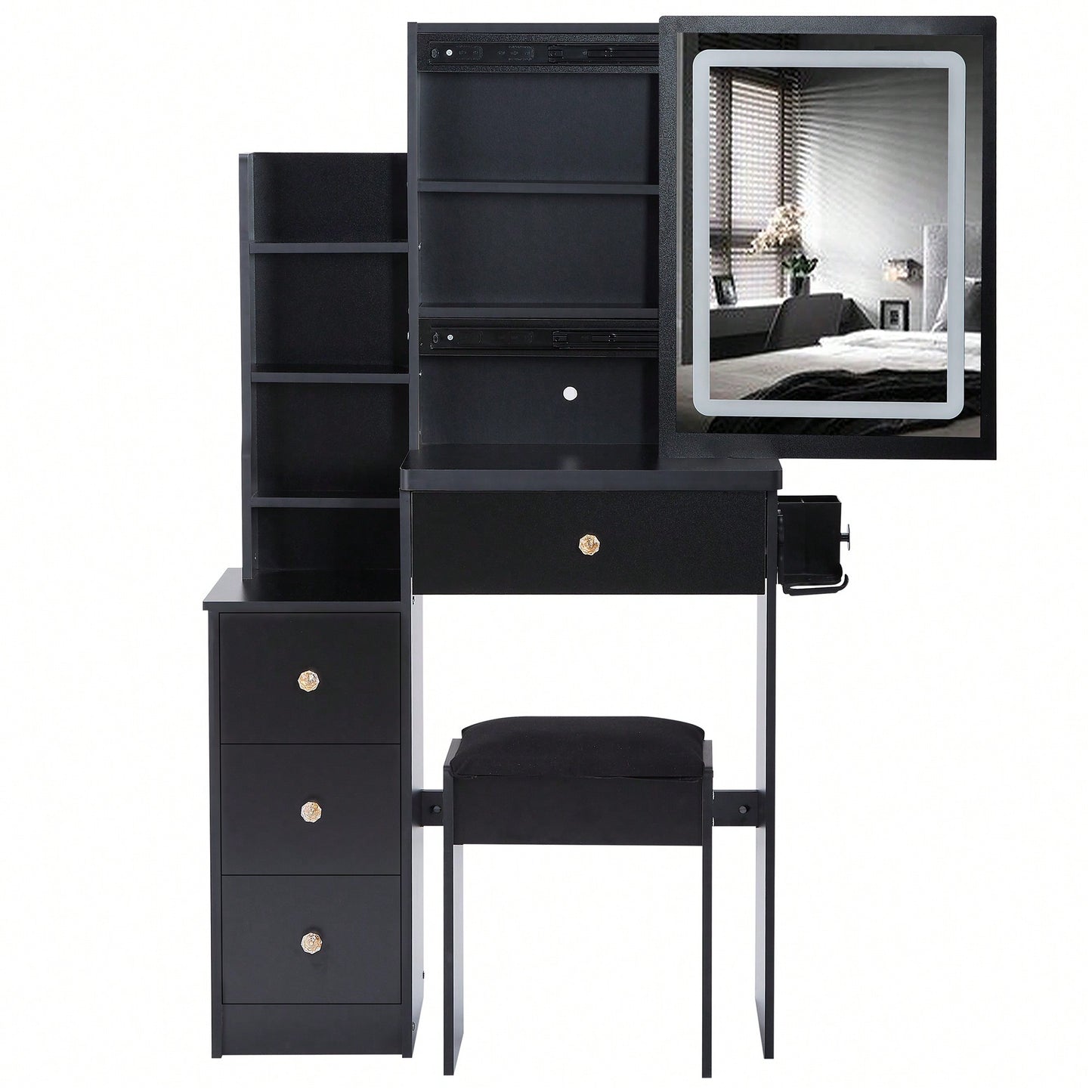 Compact Vanity Table with Cushioned Stool 2 AC Outlets 2 USB Ports Hair Dryer Holder Large Touch Control LED Mirror Tri-Color Options Safe