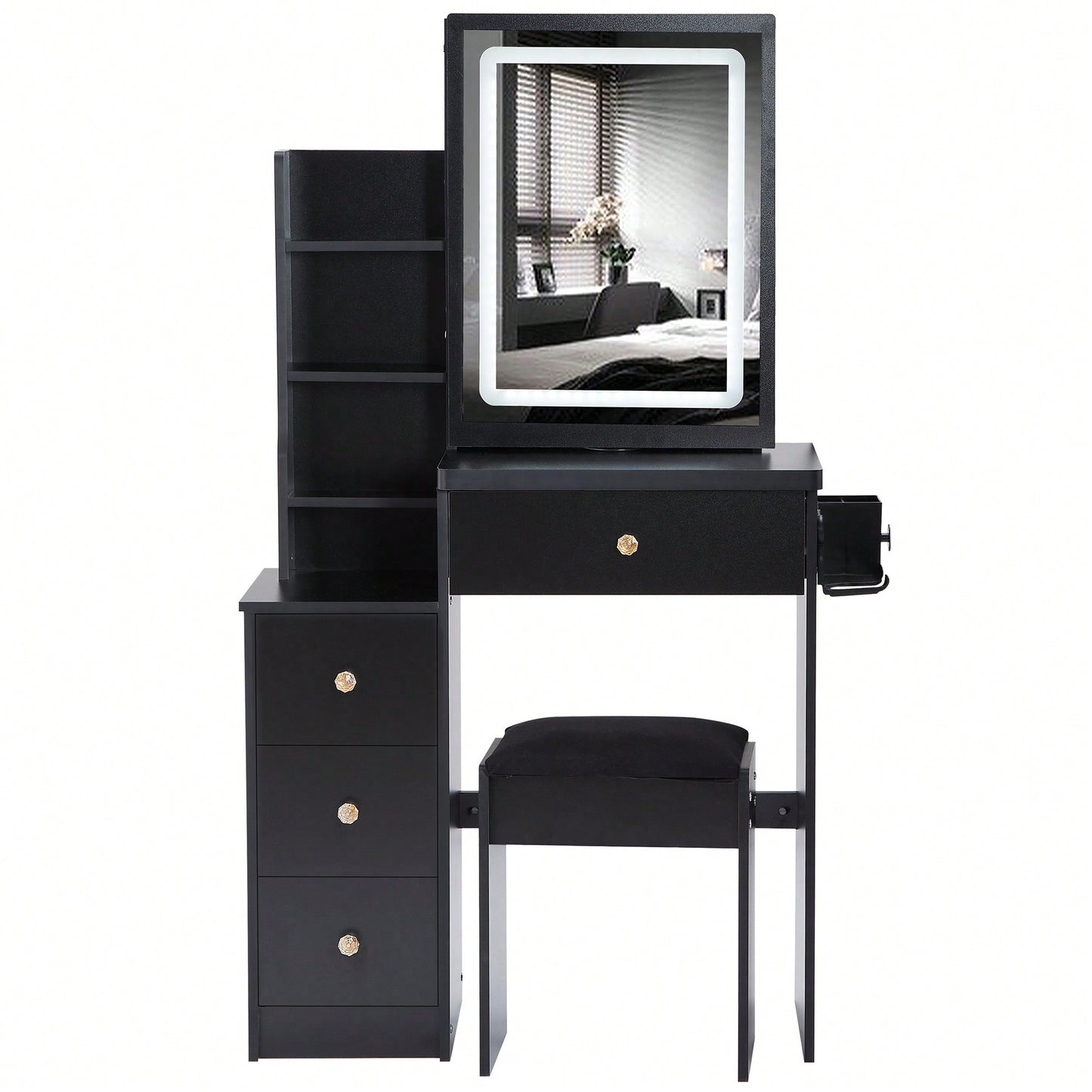 Compact Vanity Table with Cushioned Stool 2 AC Outlets 2 USB Ports Hair Dryer Holder Large Touch Control LED Mirror Tri-Color Options Safe