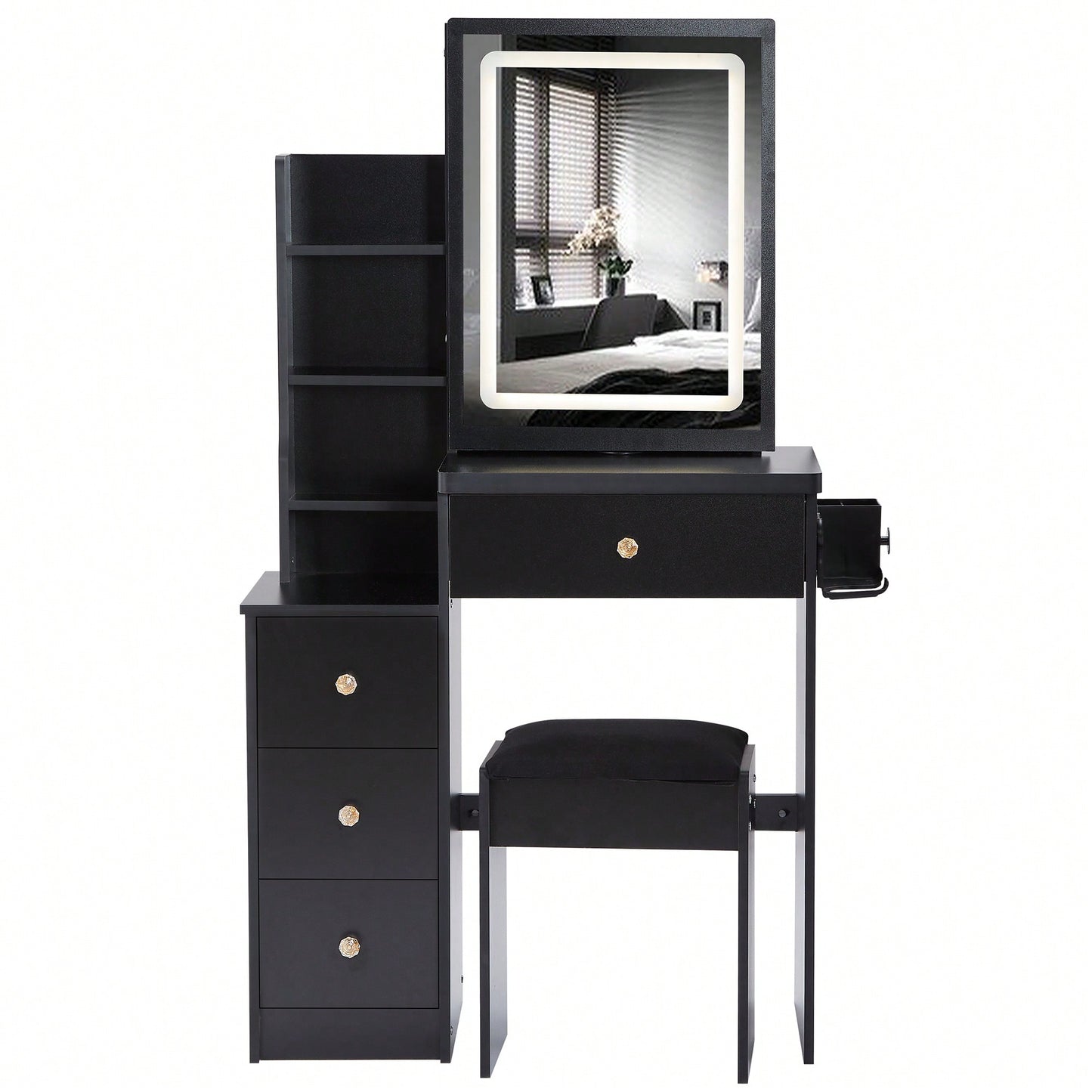 Compact Vanity Table with Cushioned Stool 2 AC Outlets 2 USB Ports Hair Dryer Holder Large Touch Control LED Mirror Tri-Color Options Safe