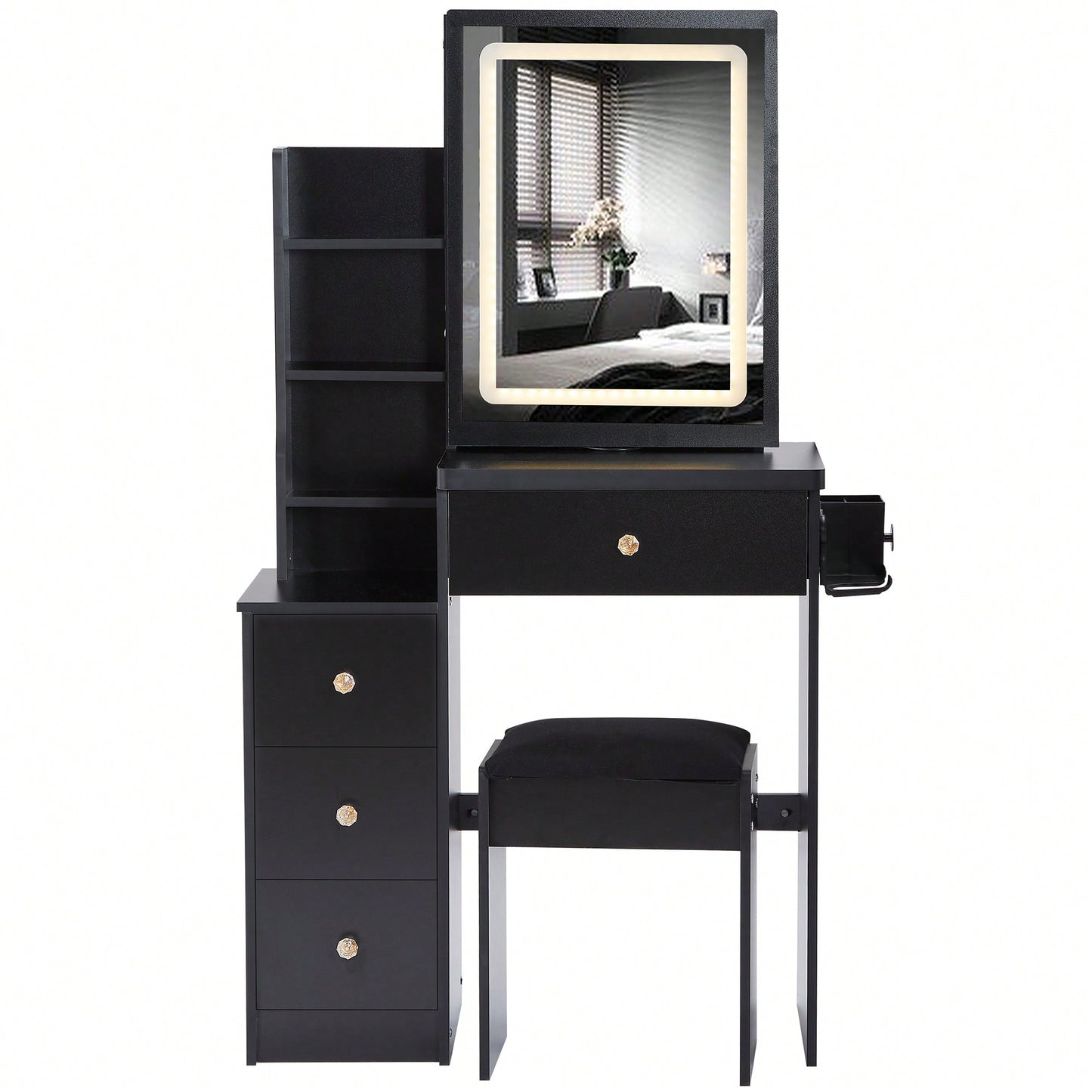 Compact Vanity Table with Cushioned Stool 2 AC Outlets 2 USB Ports Hair Dryer Holder Large Touch Control LED Mirror Tri-Color Options Safe