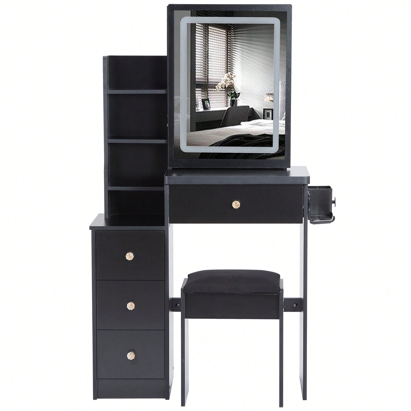 Compact Vanity Table with Cushioned Stool 2 AC Outlets 2 USB Ports Hair Dryer Holder Large Touch Control LED Mirror Tri-Color Options Safe